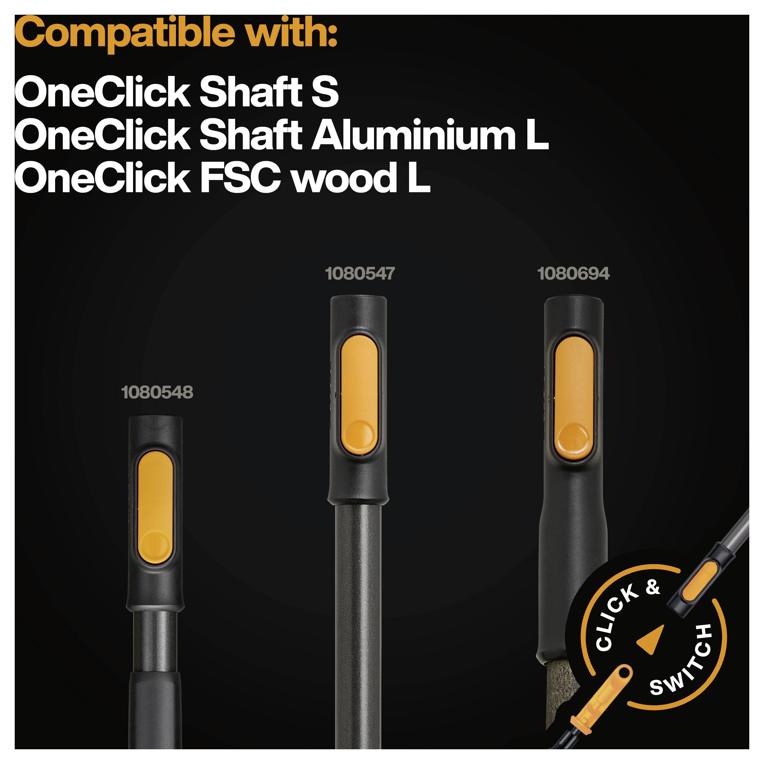 Kompatibilitätstabelle für OneClick-Schäfte: OneClick Shaft S, OneClick Shaft Aluminium L und OneClick FSC wood L, mit Produktbildern und Artikelnummern 1080548, 1080547 und 1080694.