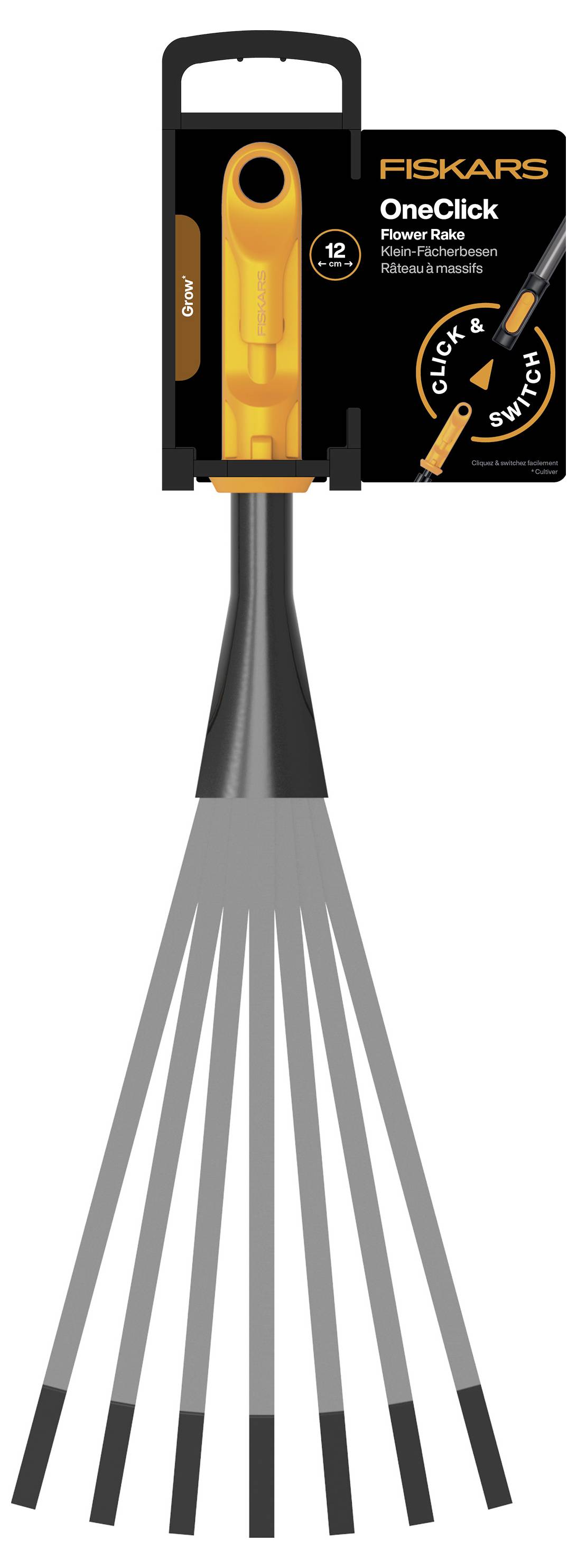 Fiskars OneClick Blütenrechen mit verstellbaren Zinken, auf der Produktverpackung mit Callout der Funktion „CLICK & SWITCH