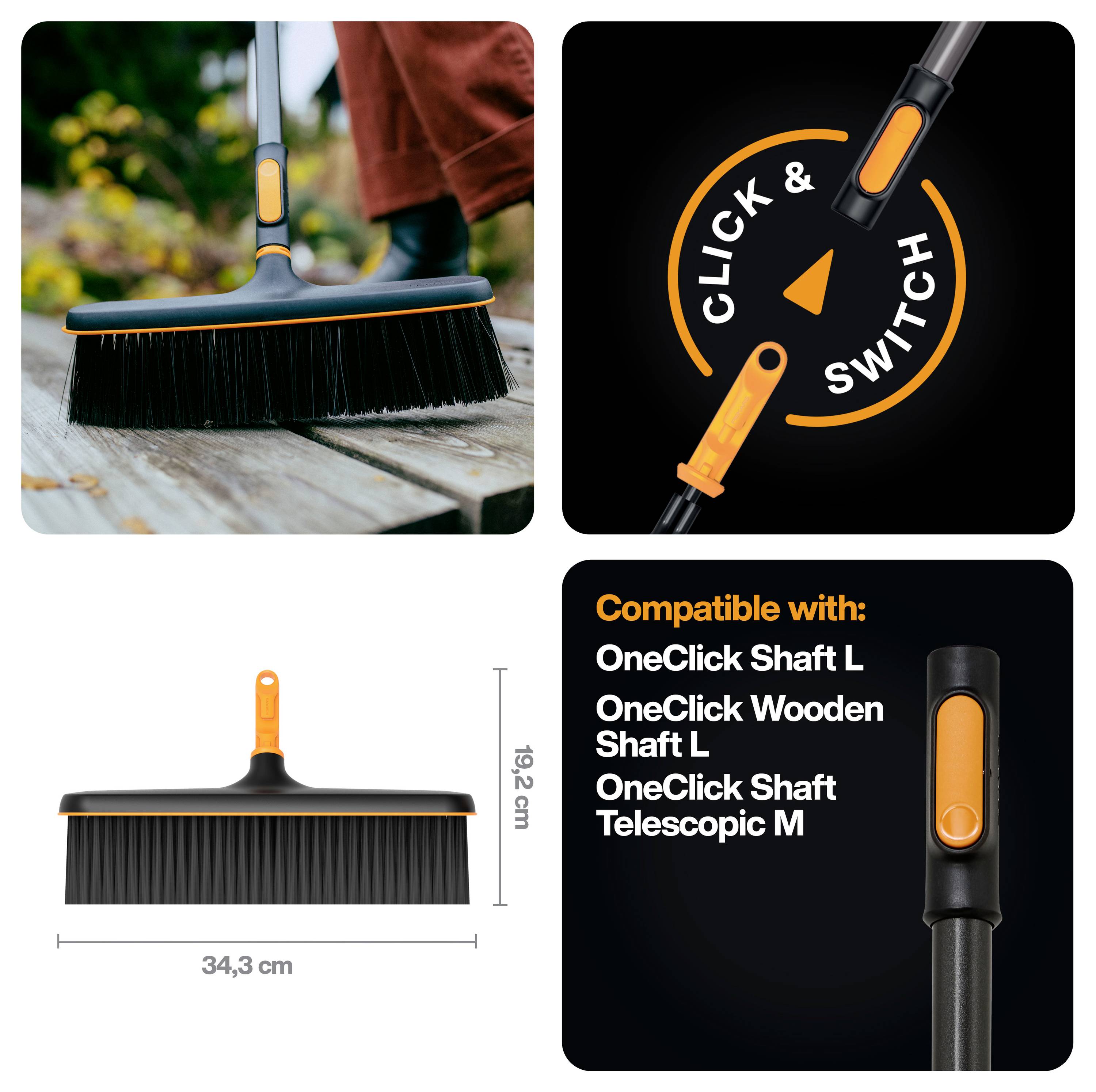 Produktcollage mit austauschbarem Bürsten kopf im Click-and-Switch-System, seiner Breite von 34,3 cm und Höhe von 19,2 cm sowie kompatiblen OneClick-Schäften.
