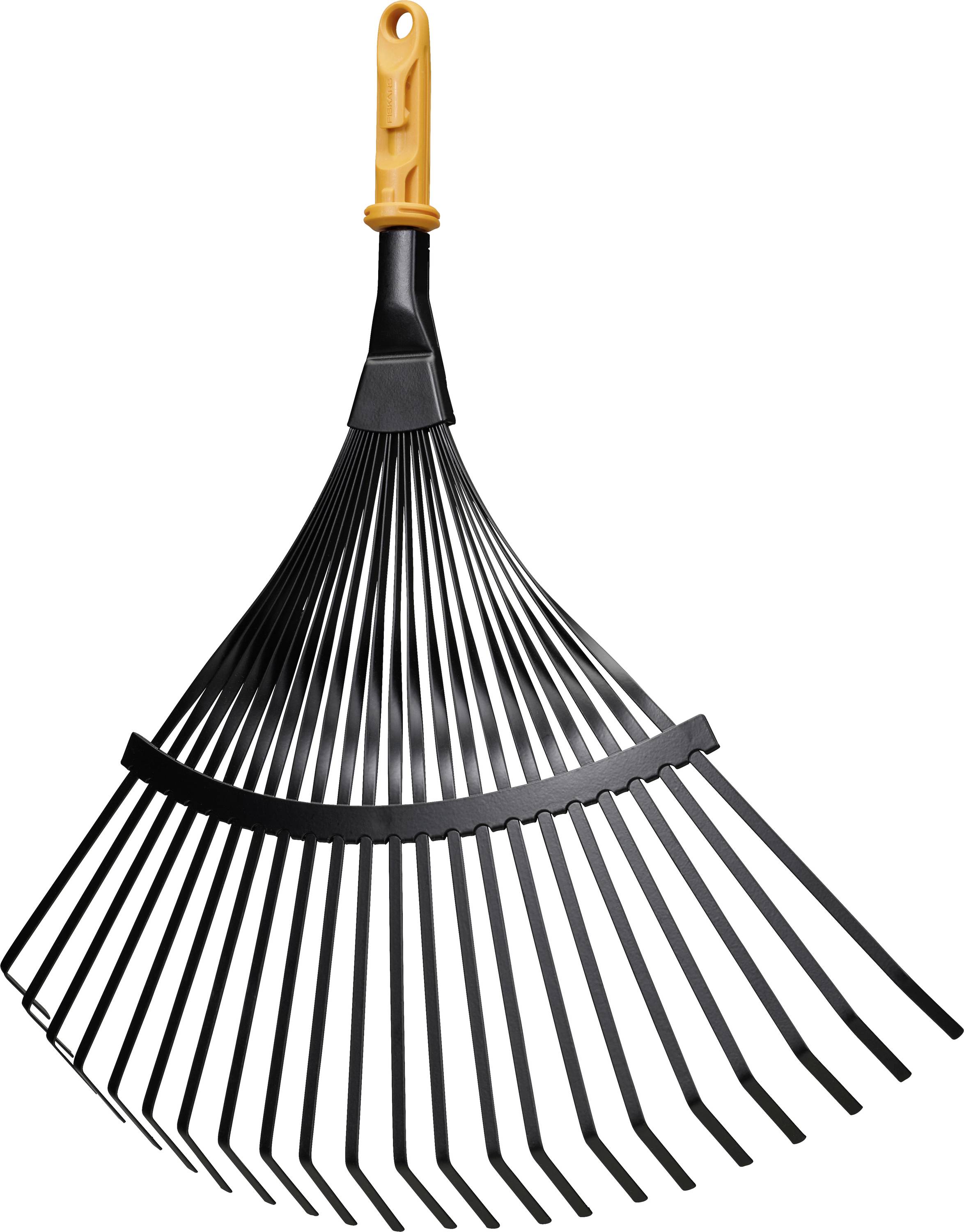 Ein schwarzer Metallblatthartrechen mit orangefarbigem Griff, aufrecht auf weißem Hintergrund gezeigt.