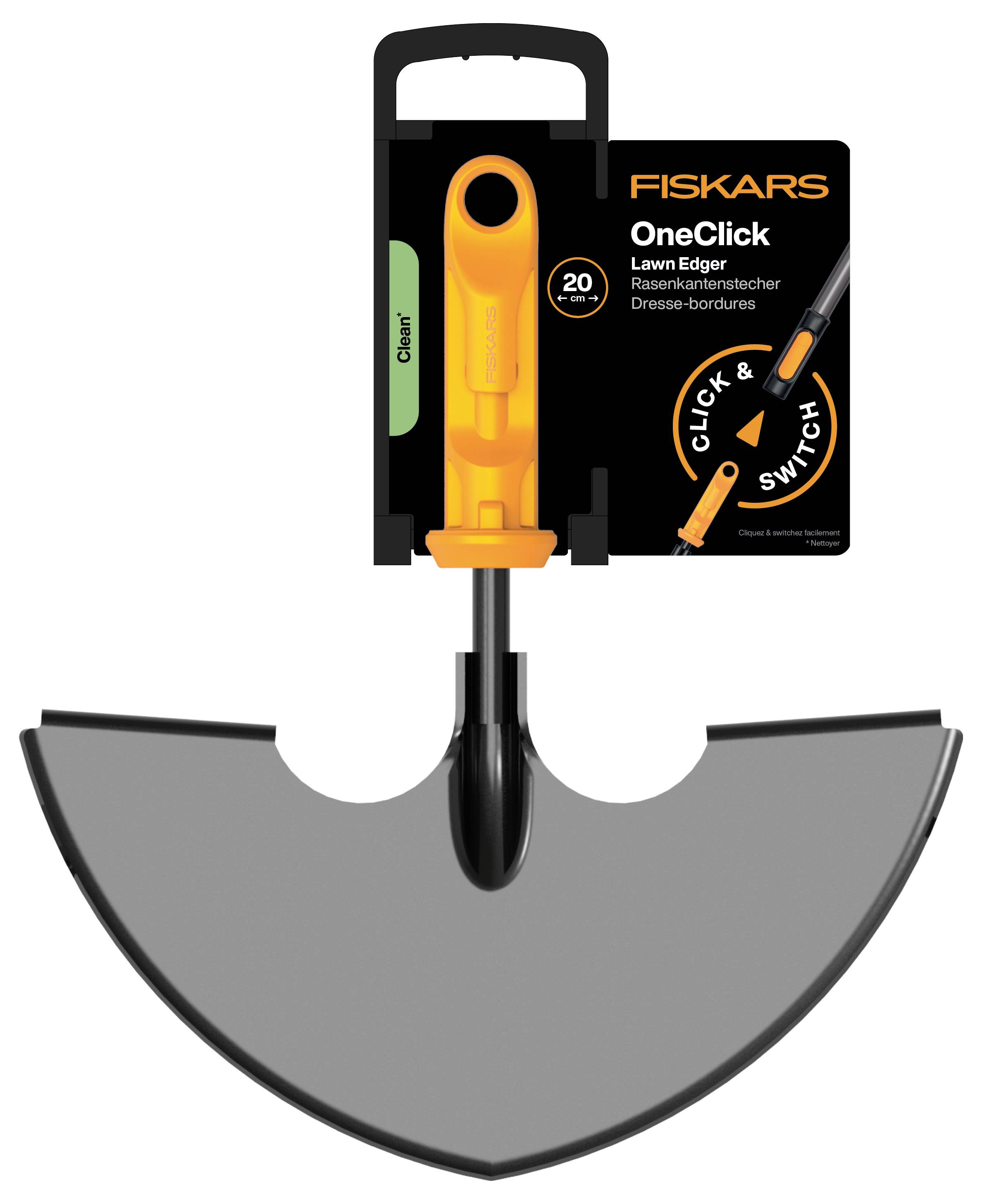 Fiskars OneClick Rasentrimmer mit gelbem Griff und breiter grauer halbkreisförmiger Klinge, gezeigt in der Produktverpackung.