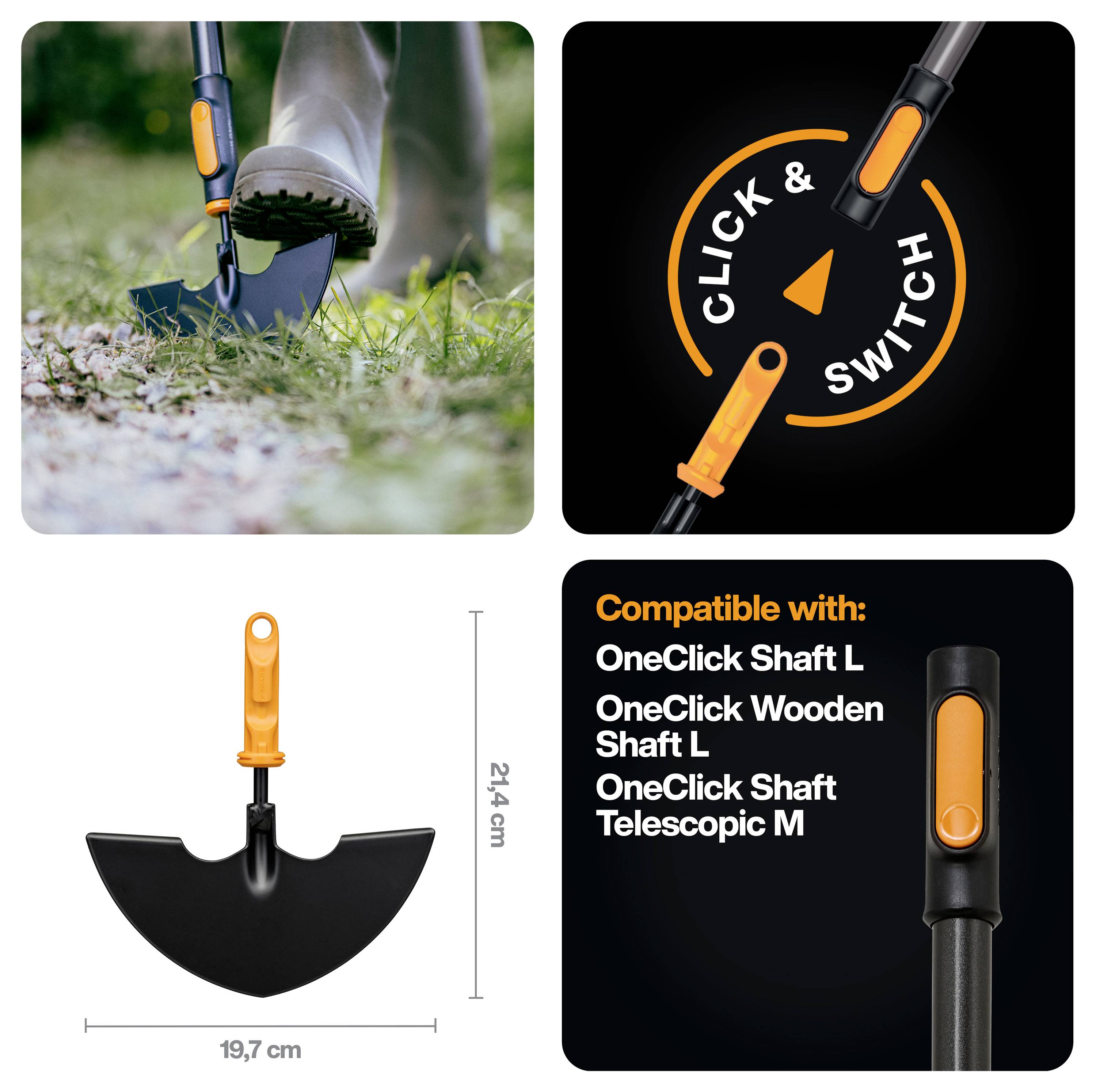 Collage zeigt ein OneClick-Gartengerätzubehör mit „click & switch