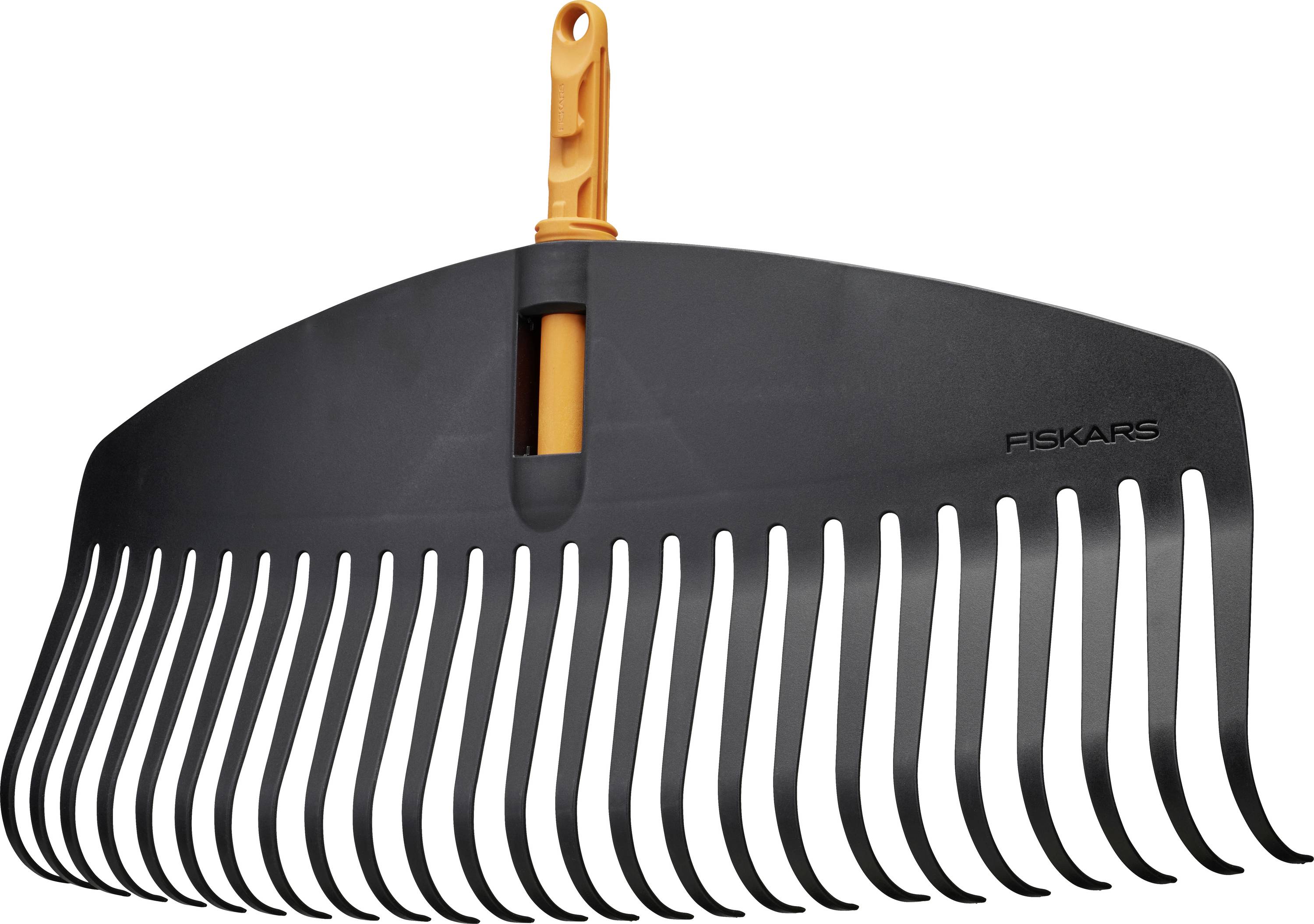 Schwarzer Fiskars-Laubrechen mit orangefarbenem Griff auf weißem Hintergrund.
