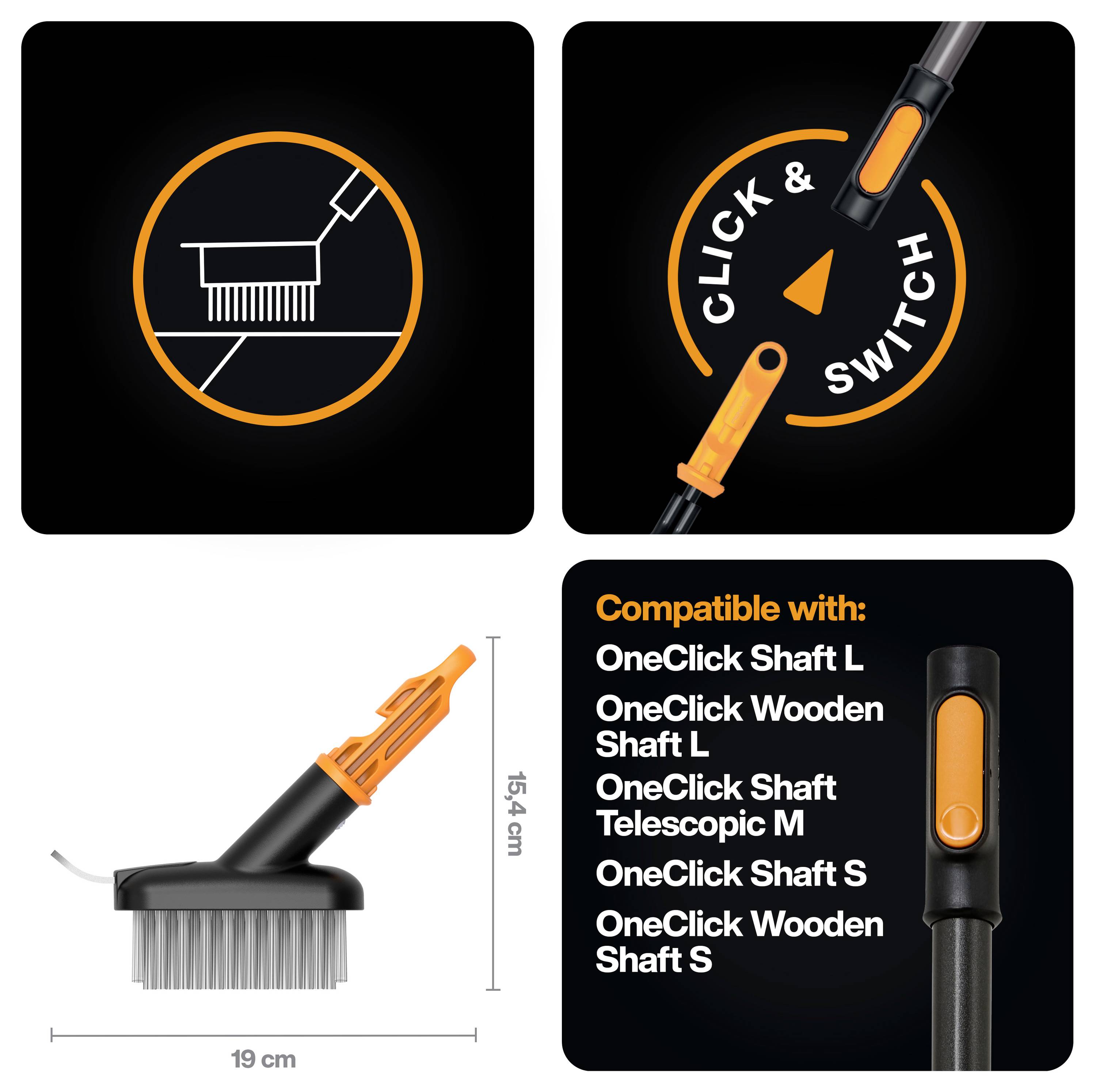 Produktgrafik zeigt einen OneClick-Reinigungsbürstenkopf und Griff mit 