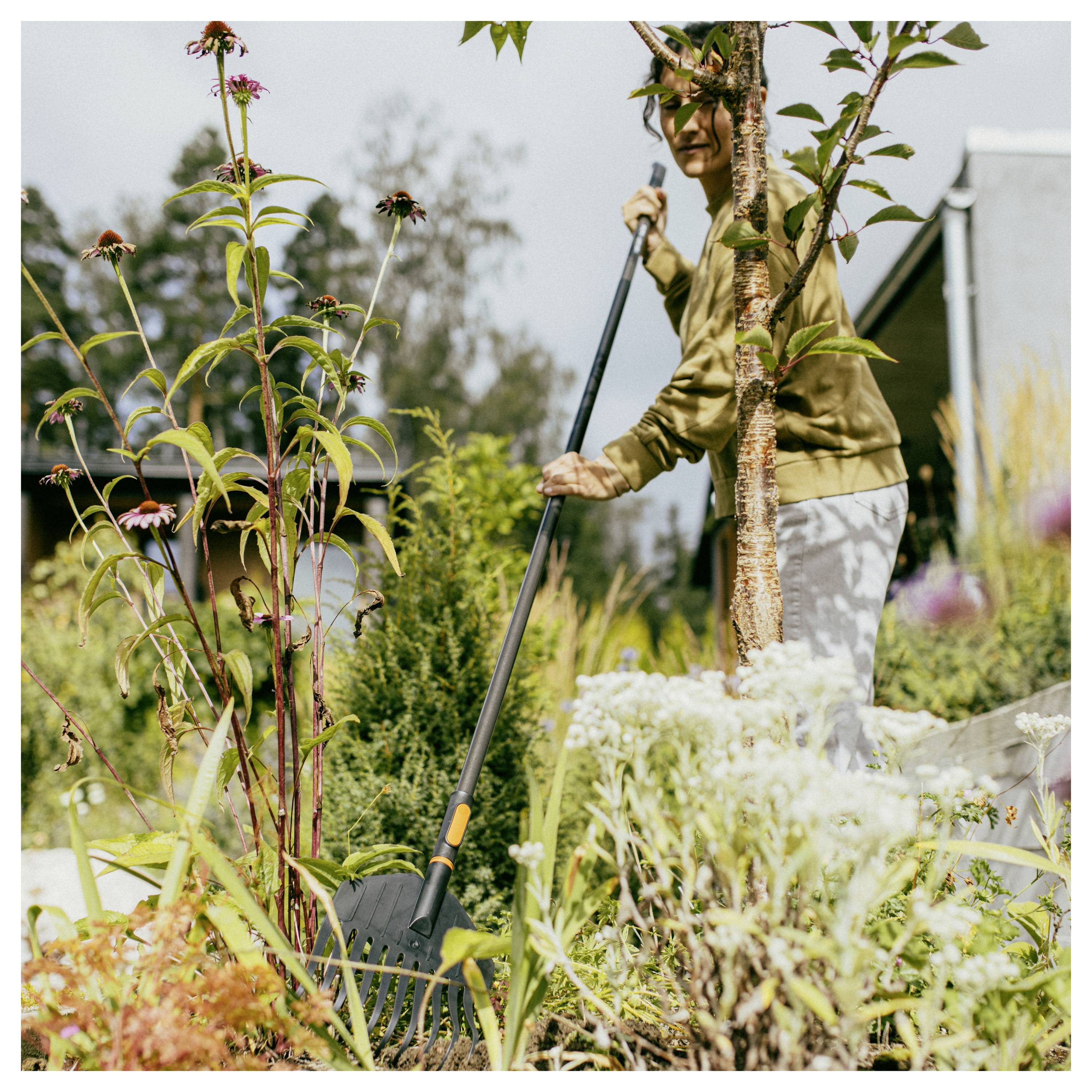Person, die Unkraut und Blätter in einem Garten neben einem jungen Baum und blühenden Pflanzen harkt, draußen in der Nähe eines Hauses oder einer Scheune.