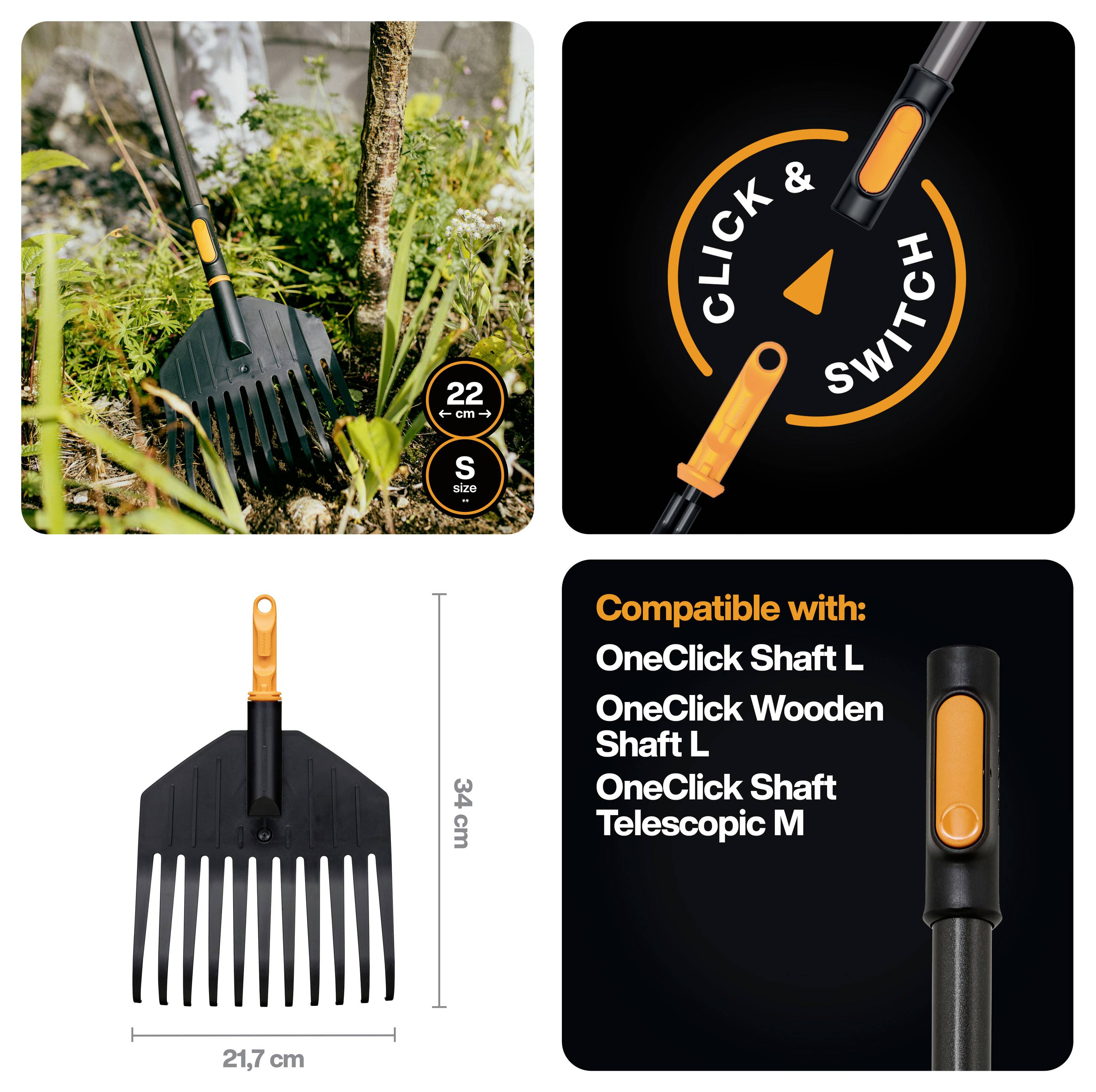 Gartenrechen-Kopf in Gebrauch und Produktdetails mit „CLICK & SWITCH