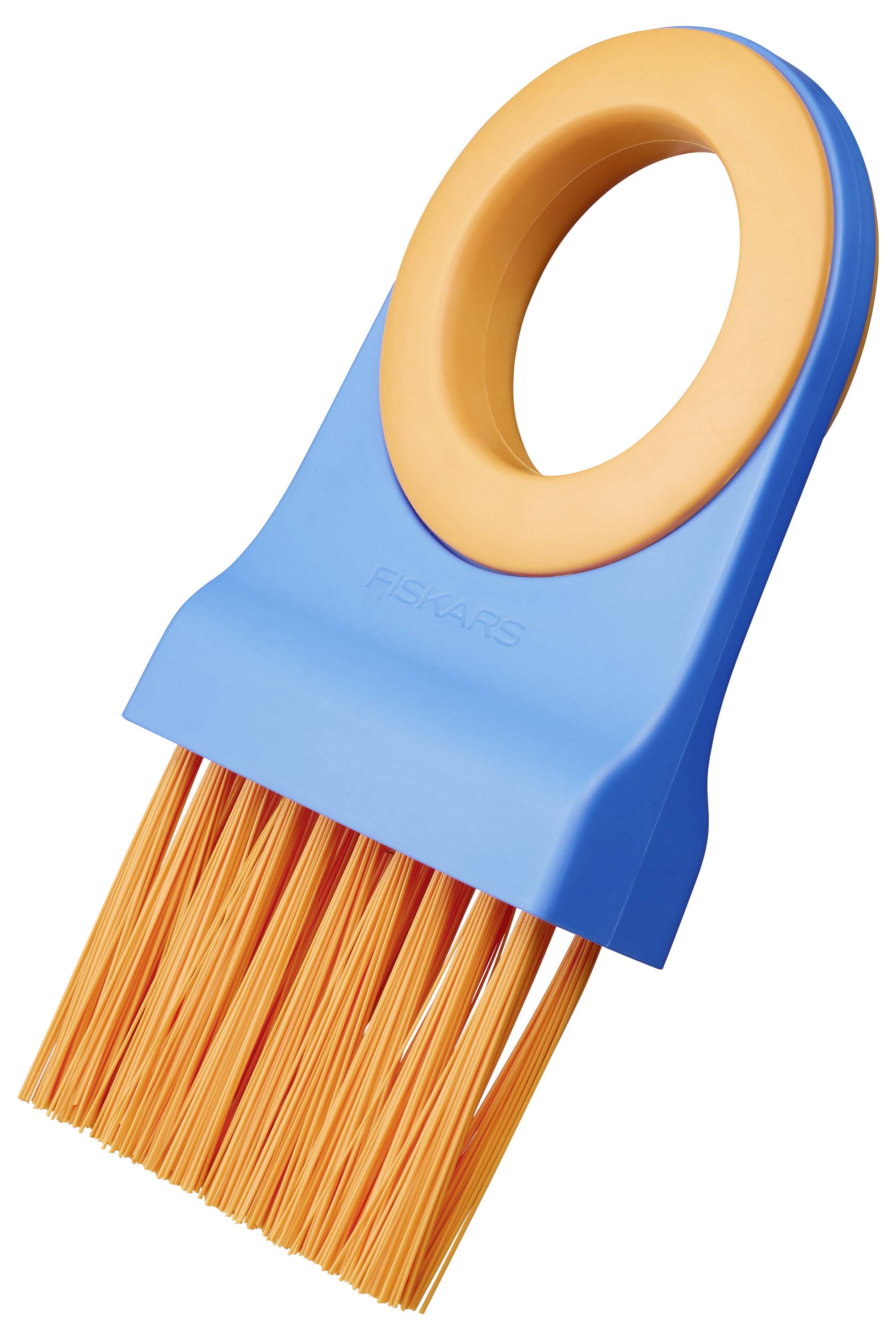 Blau-orange Spülbürste mit rundem Griff und orangefarbigen Borsten, auf weißem Hintergrund gezeigt.