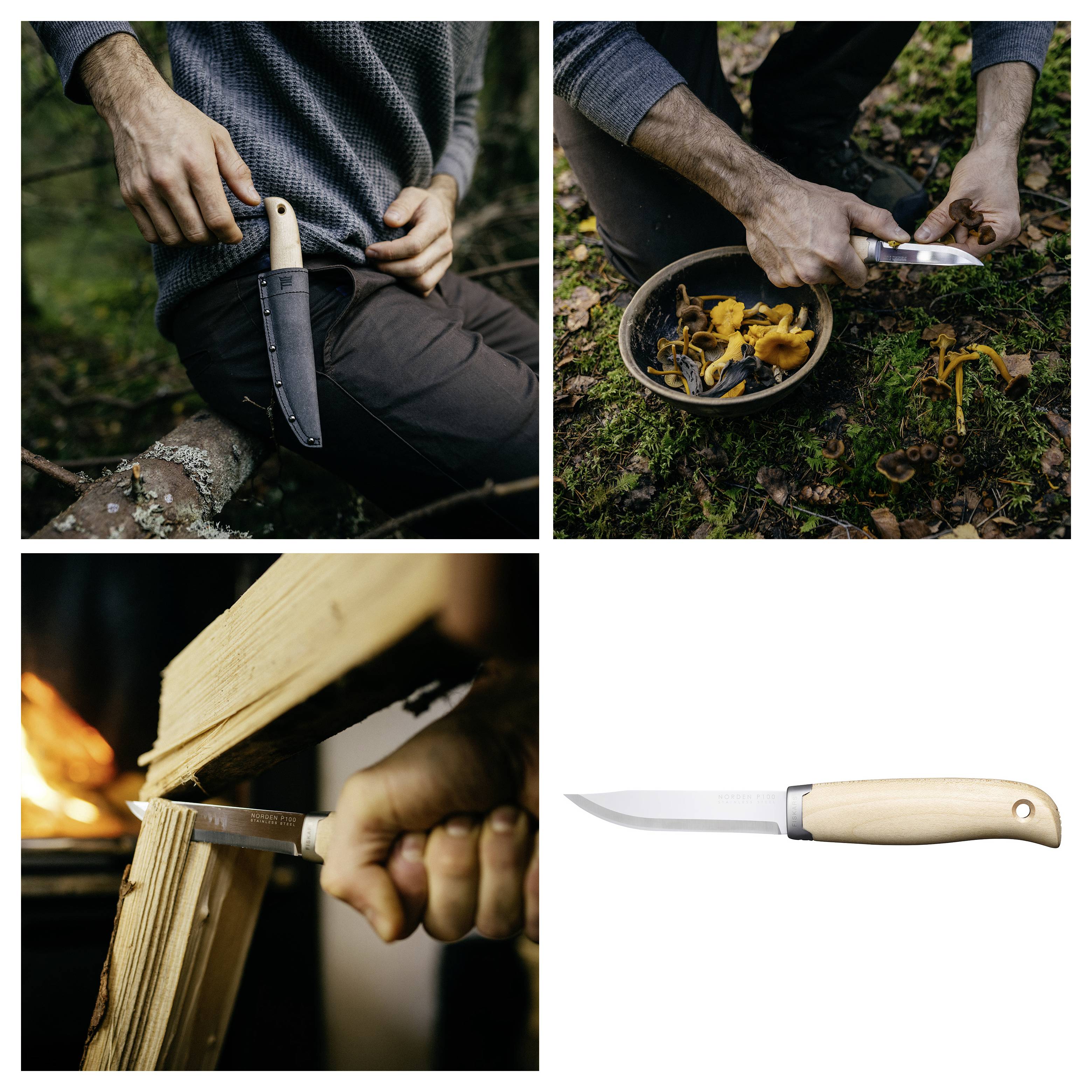 Collage mit Outdoor-Messergebrauch: eine Person trägt ein Klappmesser, erntet Pilze und schnitzt Holz; ein Taschenmesser ist vor weißem Hintergrund abgebildet.