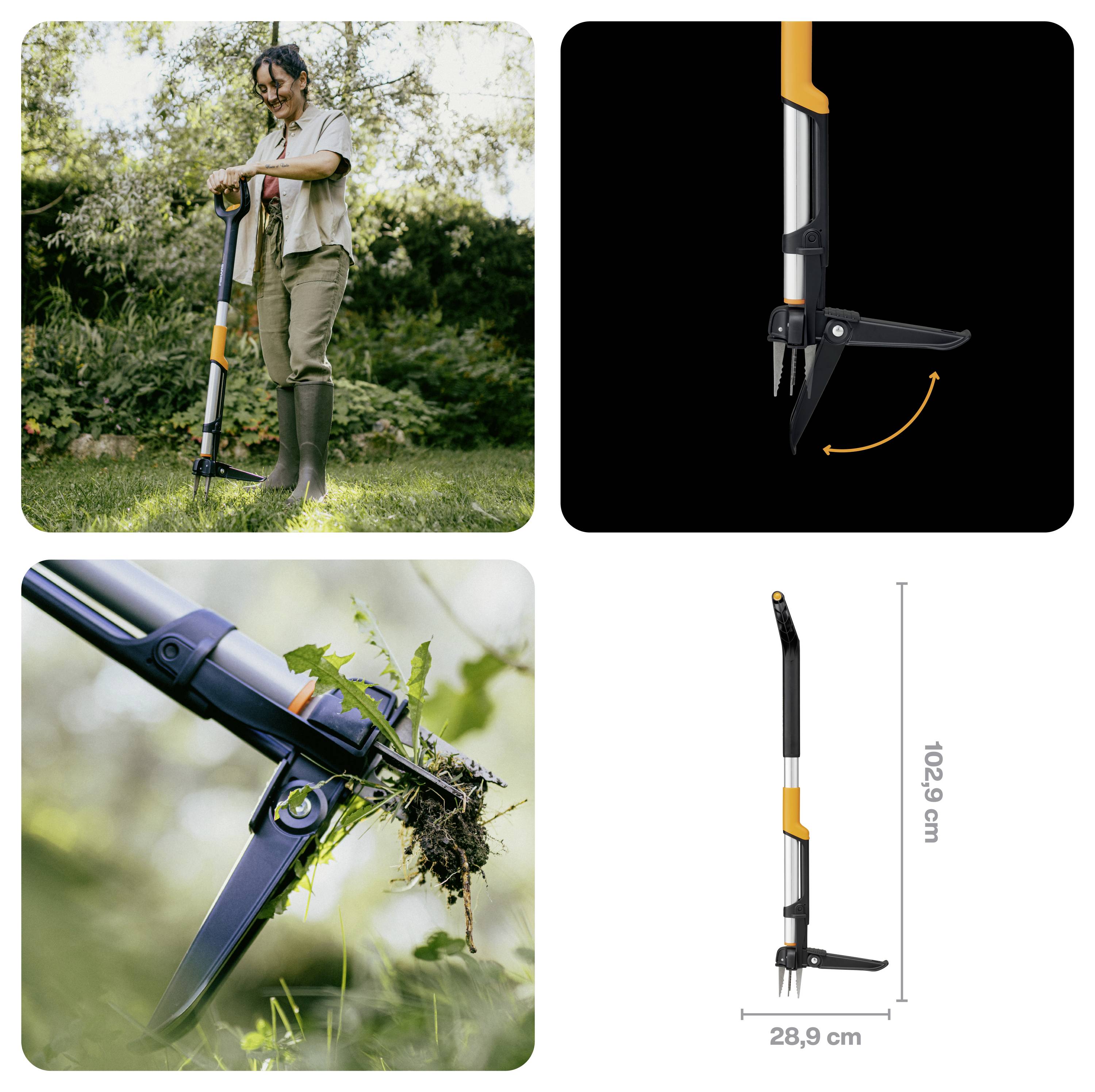 Gartenwerkzeug wird in Nahaufnahme gezeigt und mit Abmessungen versehen, mit klappbarem Kopf und Wurzelkrallenblade zum Graben und Ausreißen von Pflanzen.