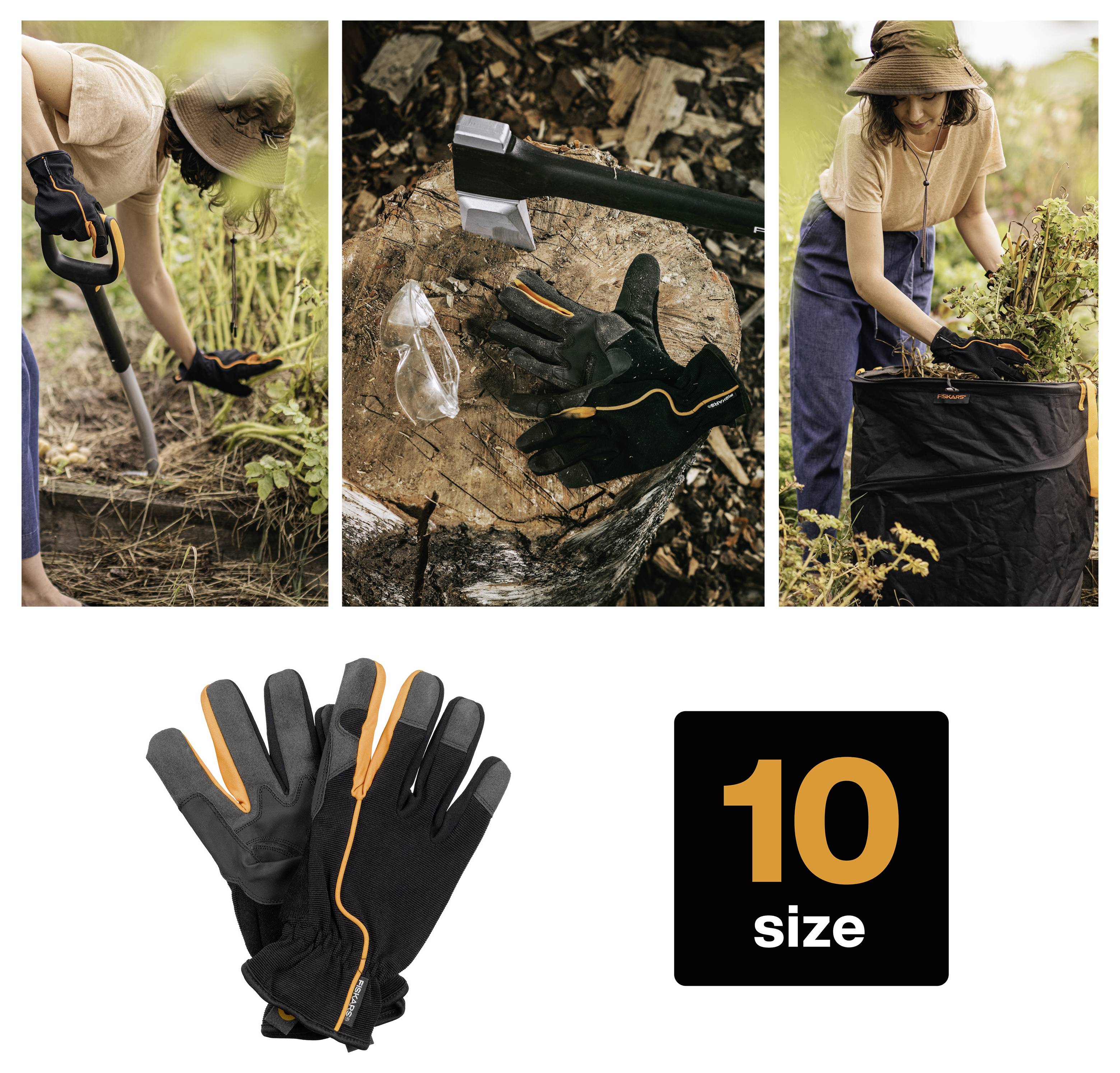 Werbecollage zeigt Gartenhandschuhe bei der Verwendung zum Pflanzen und Beschneiden, plus das Handschuh-Produkt und ein 