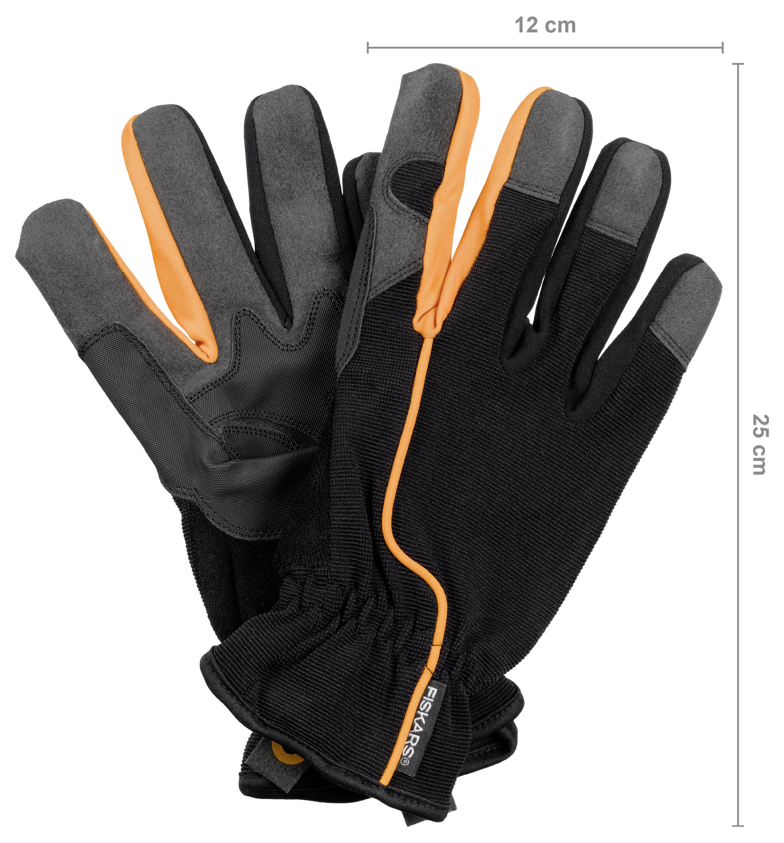 Paar schwarze Arbeitshandschuhe mit orangefarbiger Einfassung, gezeigt mit Größenmessungen von 12 cm Breite und 25 cm Länge.