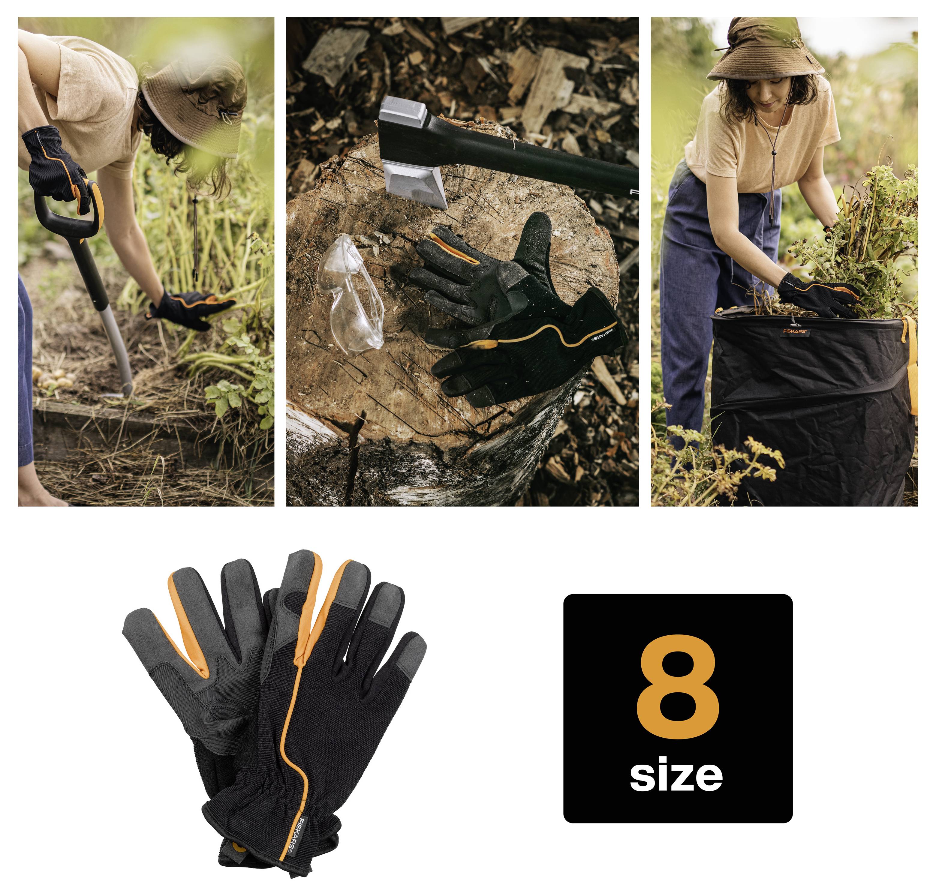Collage zeigt Gartenhandschuhe in Gebrauch beim Graben und Pflanzen, plus eine Produktaufnahme von schwarz-orangen Handschuhen mit der Bezeichnung 