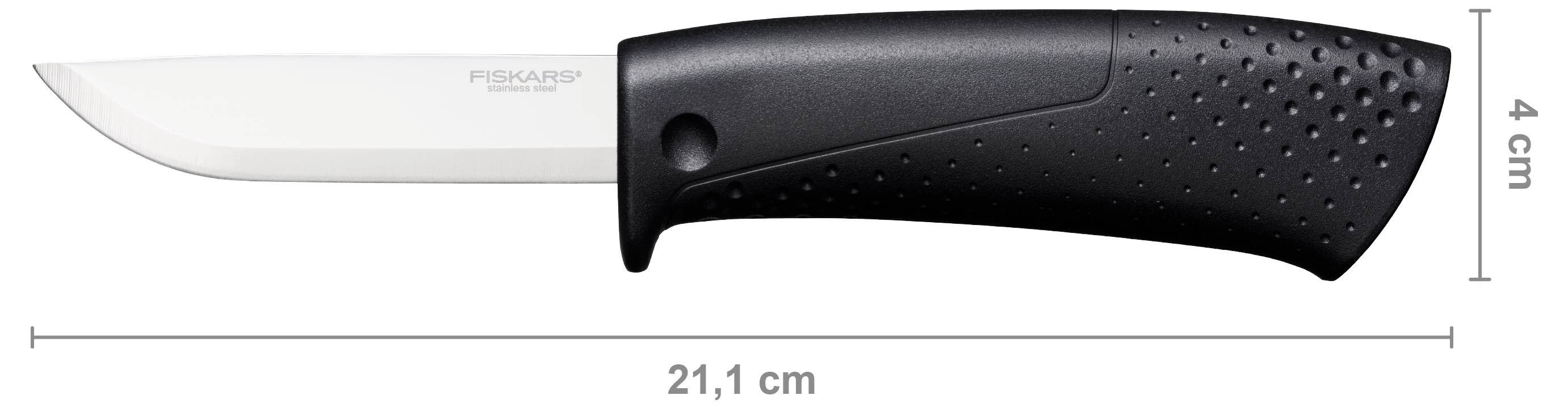 Schwarzgriffiges Küchenmesser in Profilansicht mit Klinge, 21,1 cm lang und 4 cm hoch.
