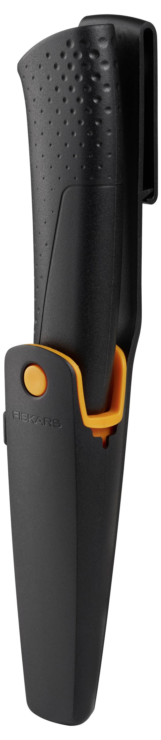 Schwarze und orangefarbene Gürtelclip-Holster für ein Werkzeug oder Messer, in Profilansicht gegen einen weißen Hintergrund dargestellt.