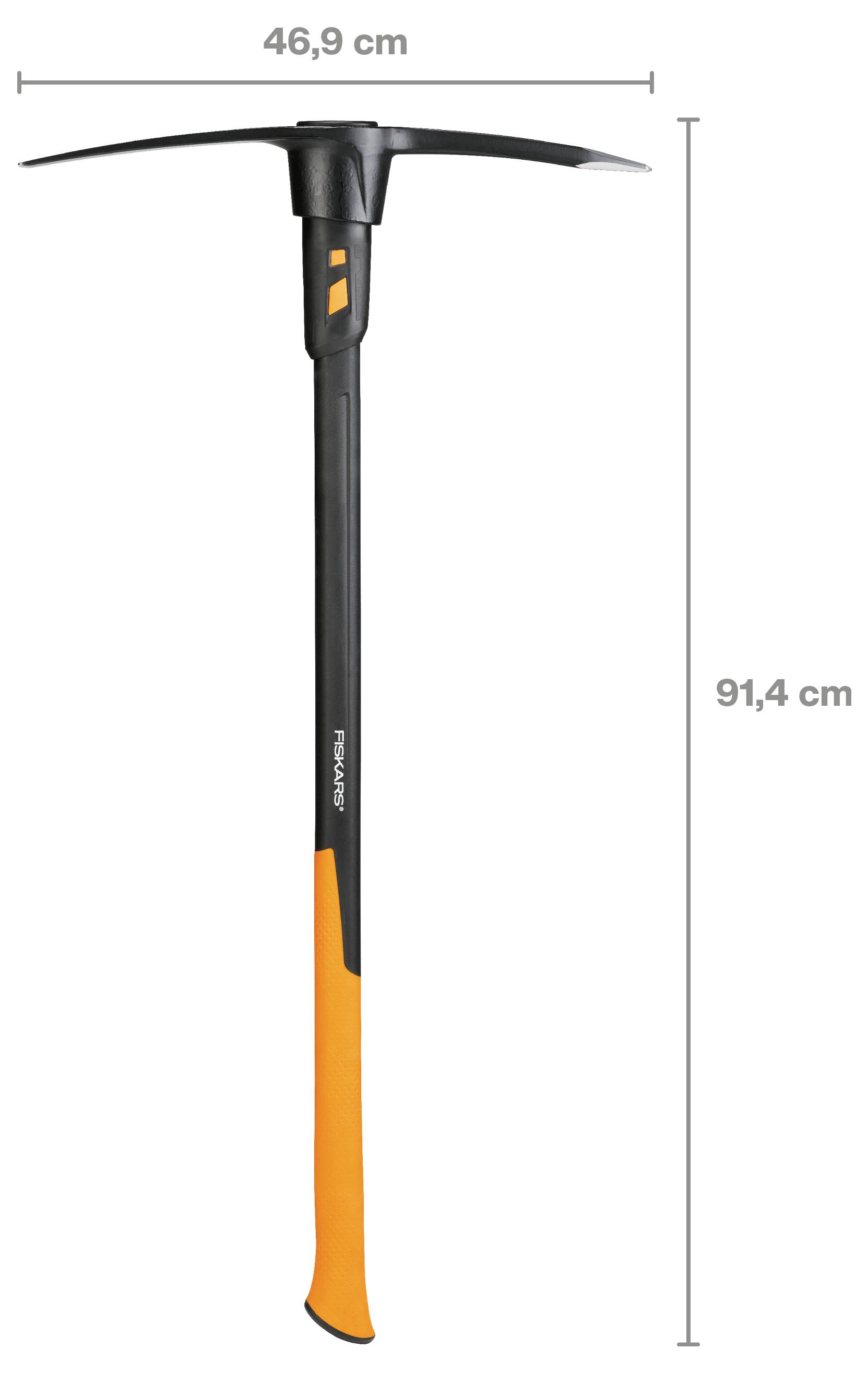 Bild einer schwarz-orangefarbenen Eisaxt oder Kletterhacke mit gekennzeichneten Abmessungen: 46,9 cm breit und 91,4 cm hoch.