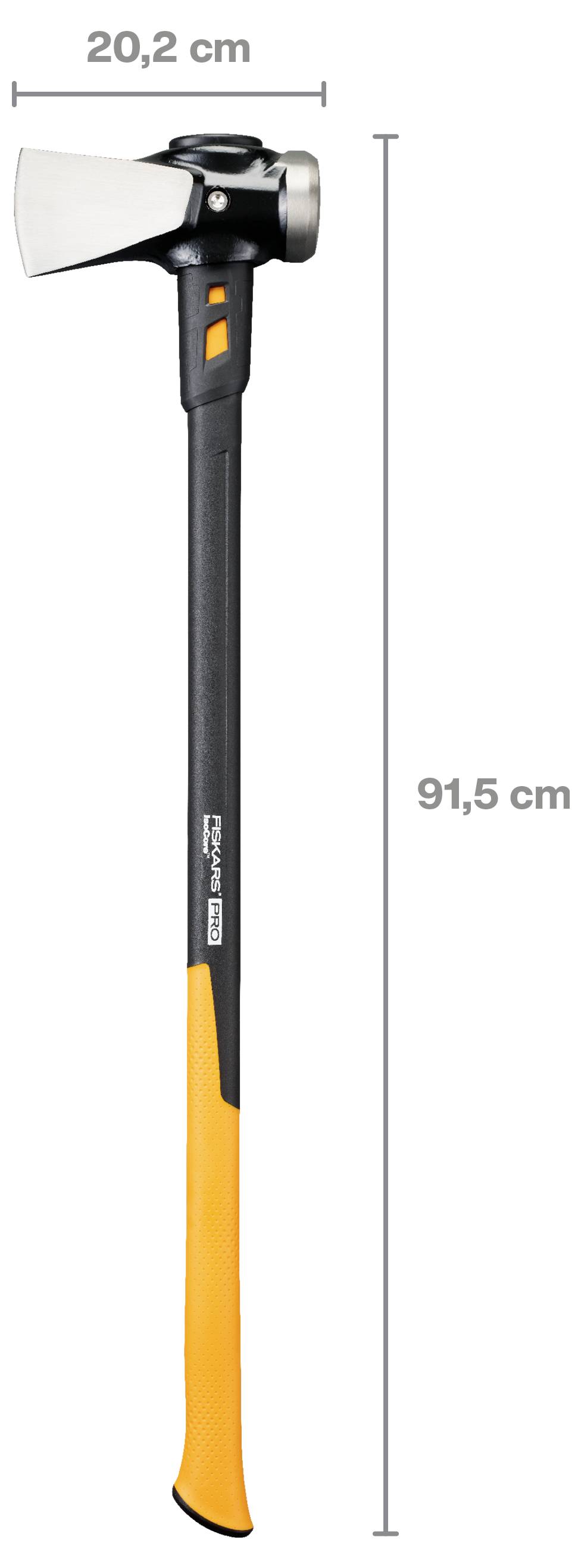 Eine schwarz-orange Axt wird aufrecht dargestellt mit beschrifteten Abmessungen: 20,2 cm breit am Kopf und 91,5 cm lang.