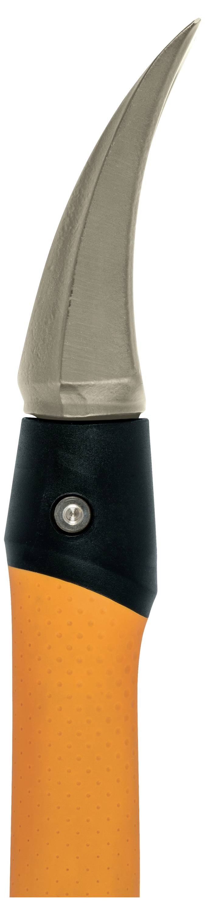 Nahaufnahme einer gekrümmten Metallklinge auf einem orange-schwarzen Griff, die ein teilweise geöffnetes Taschenmesser mit Klappmechanismus zeigt.