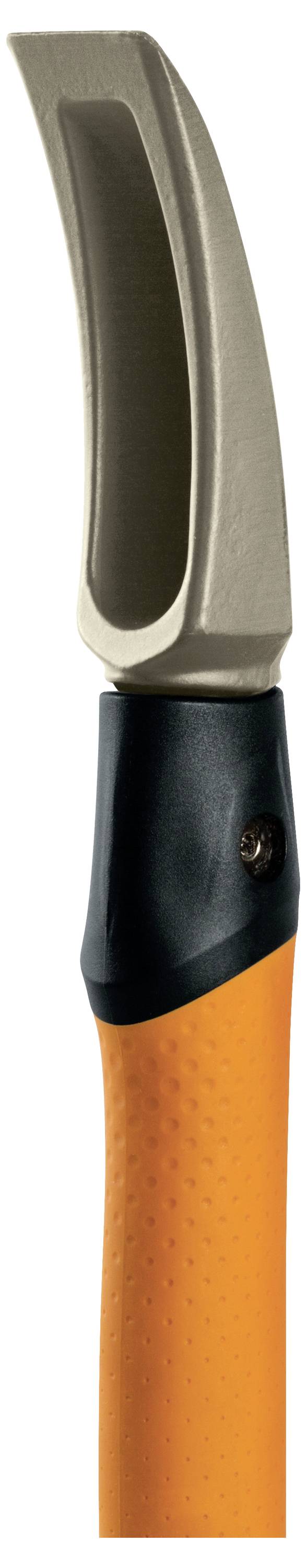 Nahaufnahme eines Handwerkzeugs mit orangefarbenem Griff und schwarzer Griffzone, das an der Spitze ein gekrümmtes Metallblatt oder einen Haken zeigt.