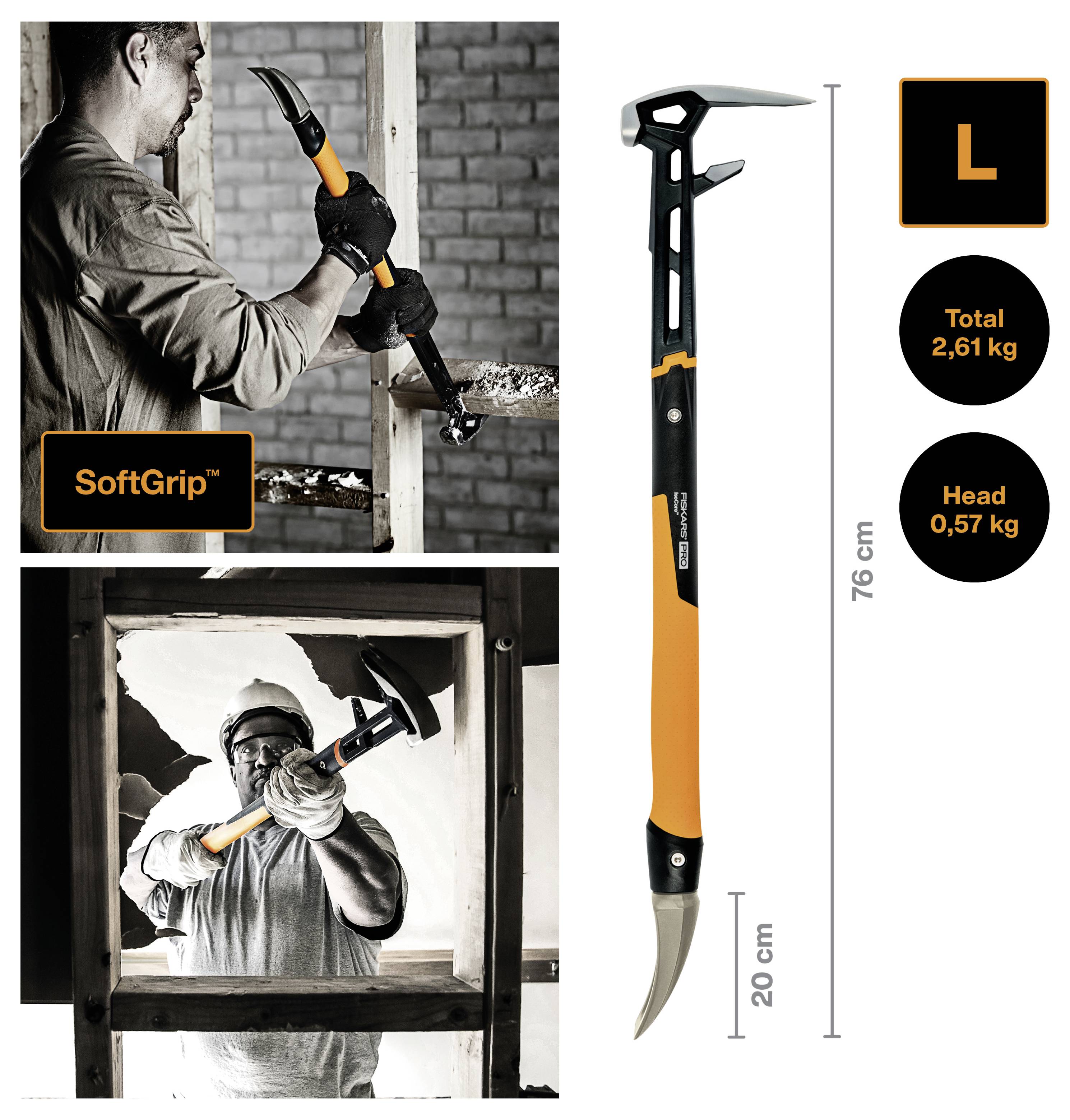 Werbebild eines großen Abbruchhammers mit schwarzem und orangefarbenem SoftGrip-Griff, gezeigt in Gebrauch und isoliert mit Abmessungen: 76 cm Gesamtlänge, 20 cm Kopf, Gesamtgewicht 2,61 kg, Kopfgewicht 0,57 kg.