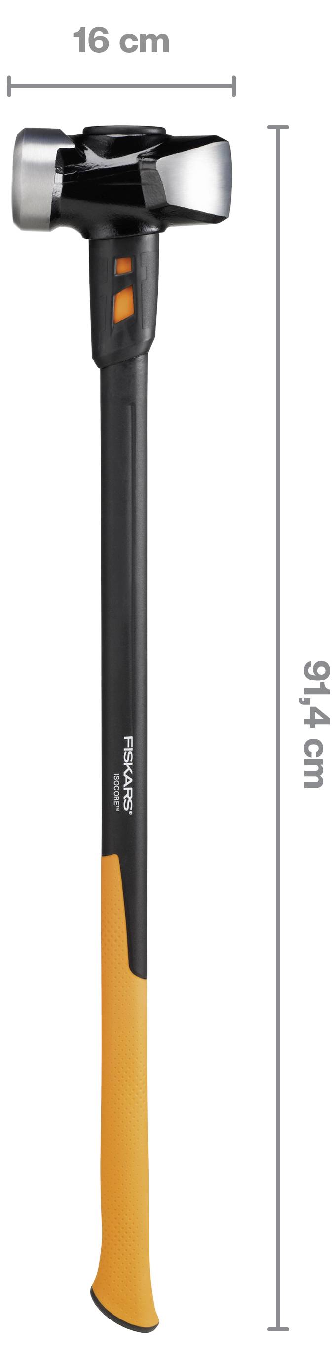 Ein schwarz-orangener Vorschlaghammer, vertikal dargestellt mit beschrifteten Abmessungen von 16 cm Breite und 91,4 cm Höhe.