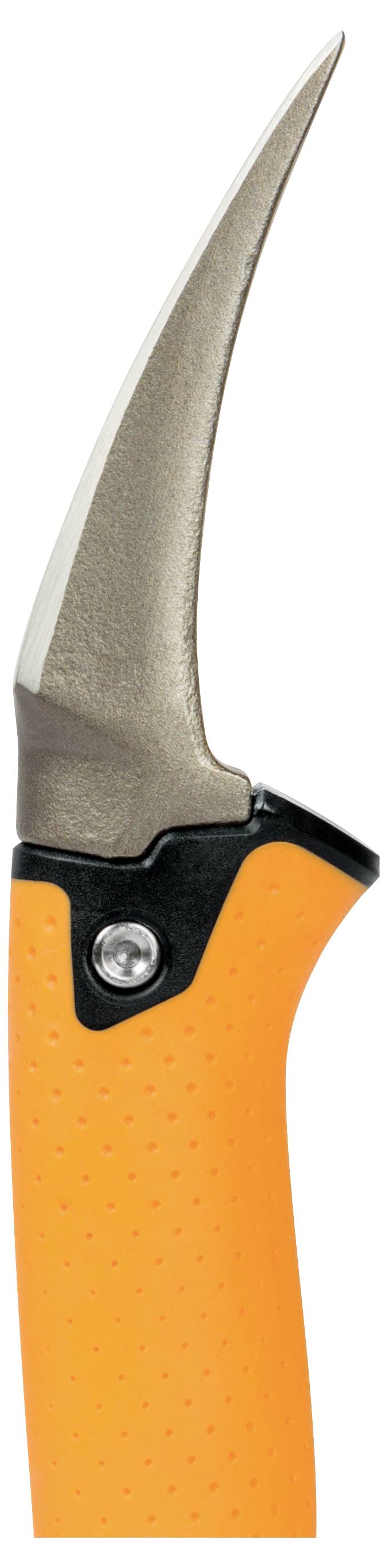 Nahaufnahme eines Messers oder Cutters mit orangefarbenem Griff und gekrümmter silberner Klinge vor weißem Hintergrund.