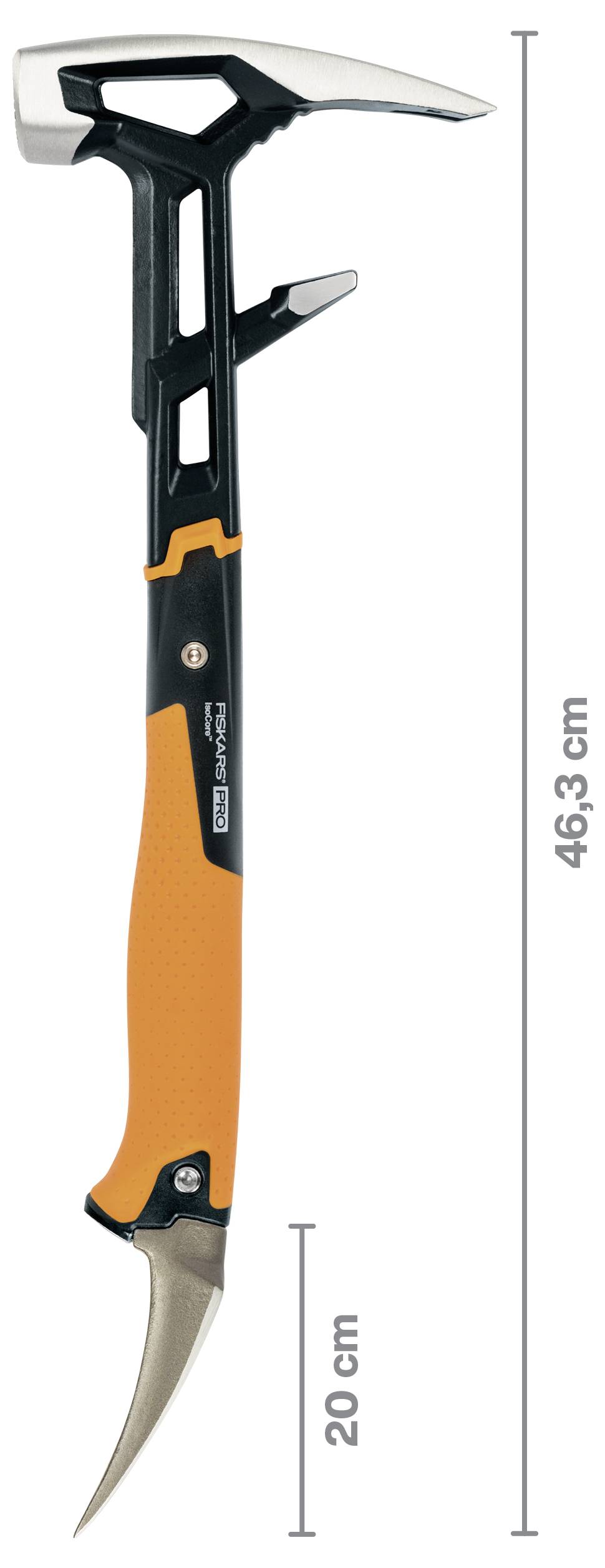 Eine Handsäge mit orange-schwarzem Griff und gekrümmter Klinge, gezeigt mit Größenmarkierungen, die eine Gesamtlänge von 46,3 cm und eine Klingenlänge von 20 cm angeben.
