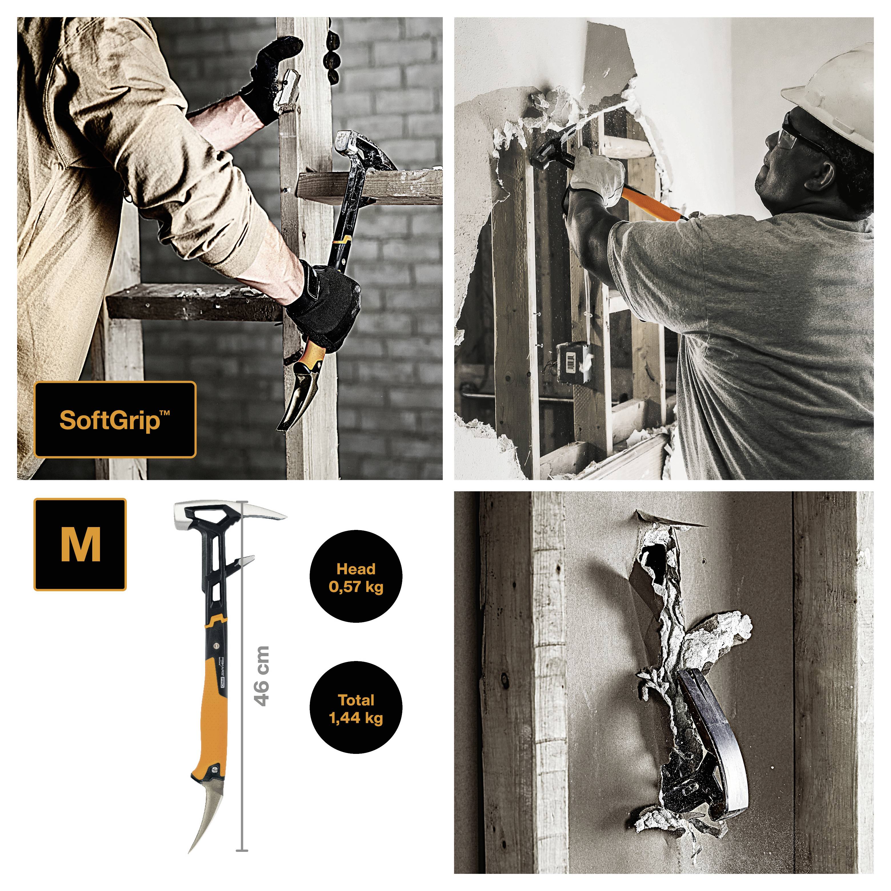Promotives Collage eines Abbruchhammers mit 'SoftGrip'-Griff, Größe M, 46 cm Länge, Kopf 0,57 kg, Gesamtgewicht 1,44 kg, und einer Szene zur Schadhafte-Wand-Entfernung.
