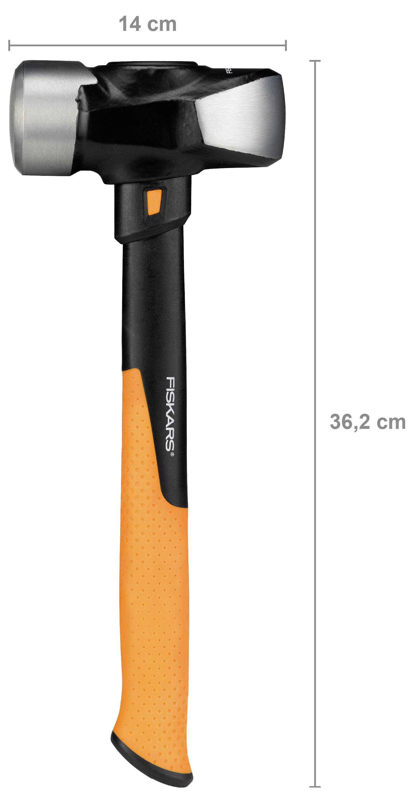 Produktbild eines Fiskars-Spalthammers mit schwarzem und orangefarbenem Griff, zeigt Abmessungen: 36,2 cm groß und 14 cm breit.