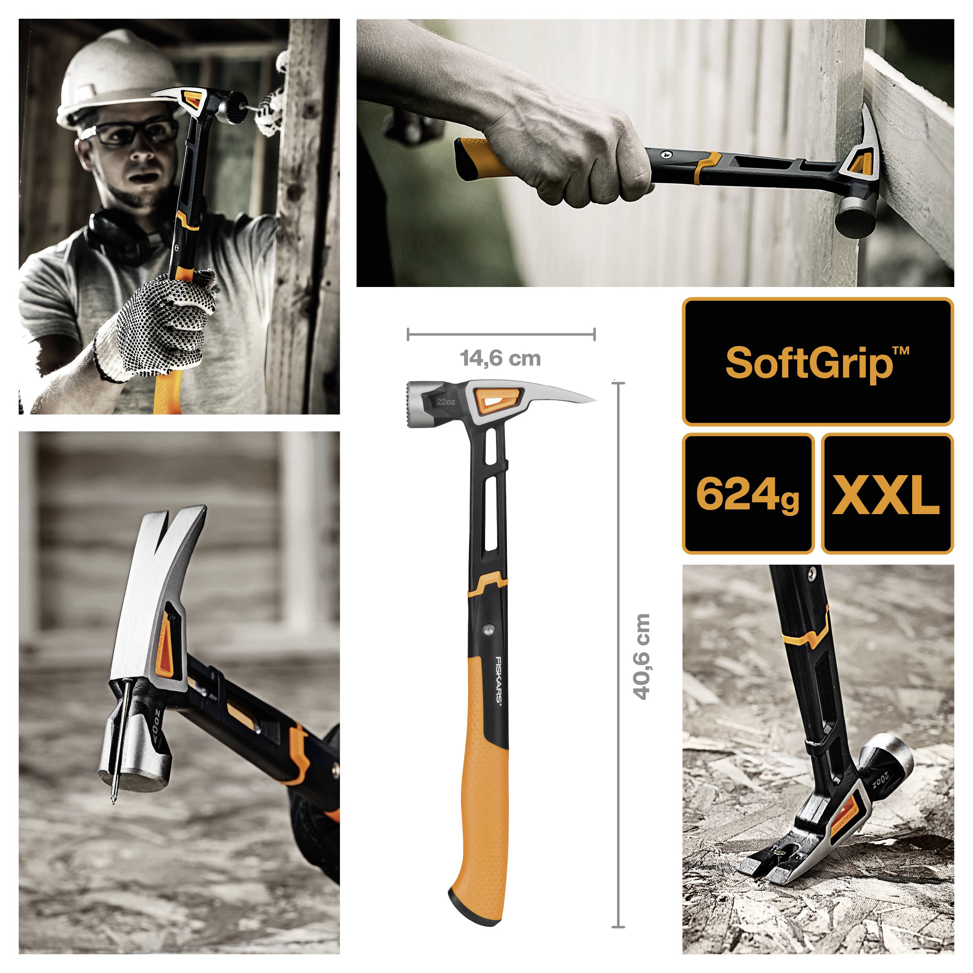 Collage mit einem schwarz-orangefarbenen Hammer in Gebrauch, mit Größenangaben 14,6 cm und 40,6 cm, Gewicht 624 g, beschriftet mit „SoftGrip