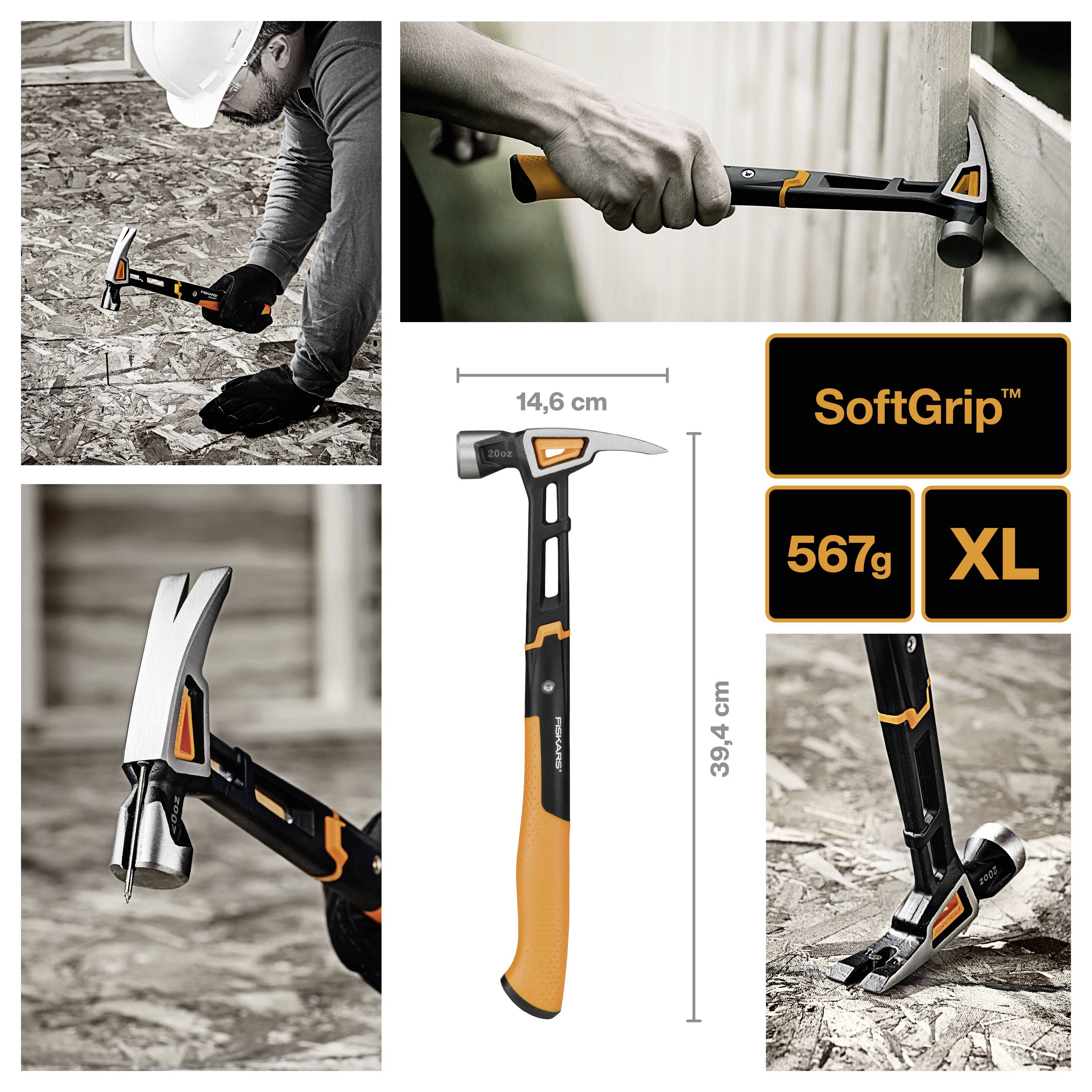 Produktcollage mit einem schwarz-orangen Hammer mit der Aufschrift „SoftGrip