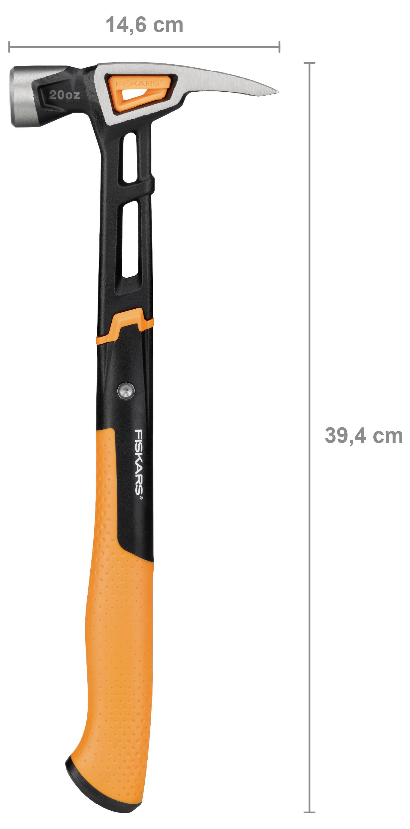 Illustration eines Klauenhammers mit schwarzem und orangefarbenem Griff, mit den Abmessungen: 14,6 cm breit und 39,4 cm lang.