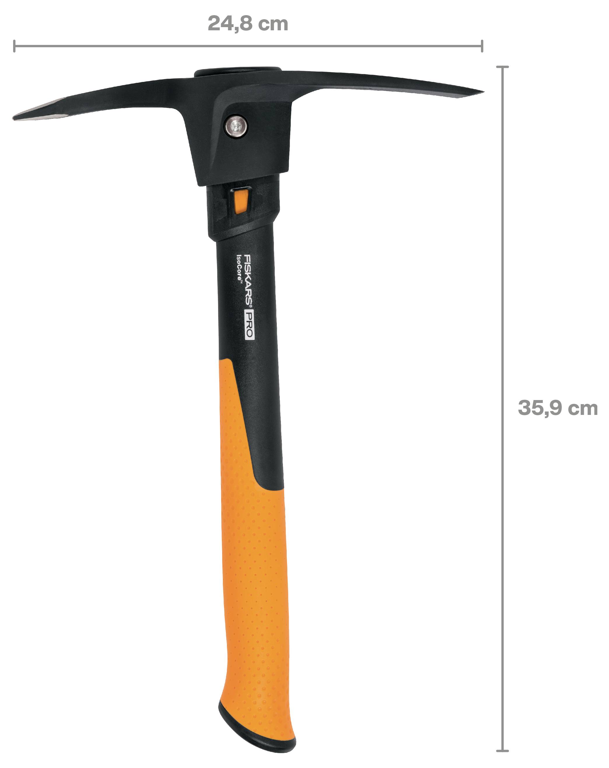 Schwarze und orangefarbene Eispickel mit Abmessungen von 24,8 cm Breite und 35,9 cm Höhe.