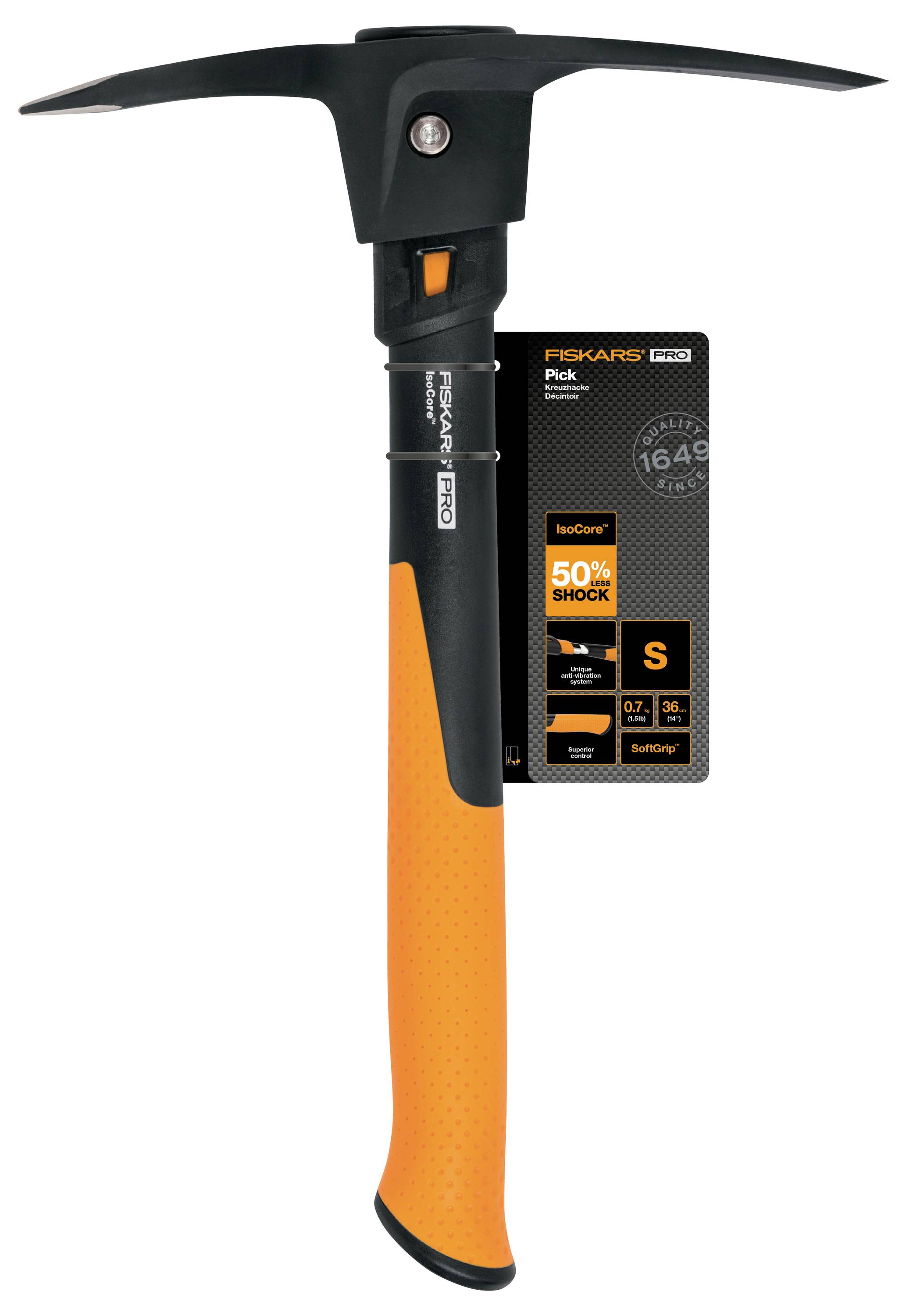 Fiskars Pro Eispickhammer mit schwarzem Kopf und orangem Griff, abgebildet mit Produktetikett auf weißem Hintergrund.