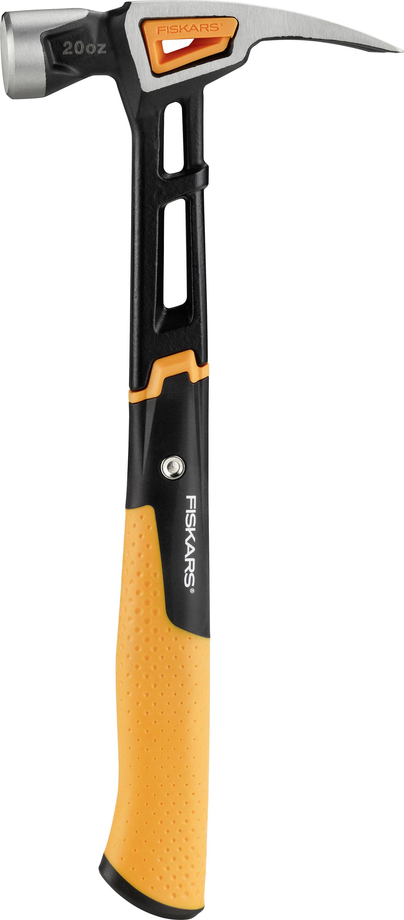 Schwarz-orangefarbener Fiskars-Krallenhammer mit silbernem Schlagkopf, auf weißem Hintergrund dargestellt.