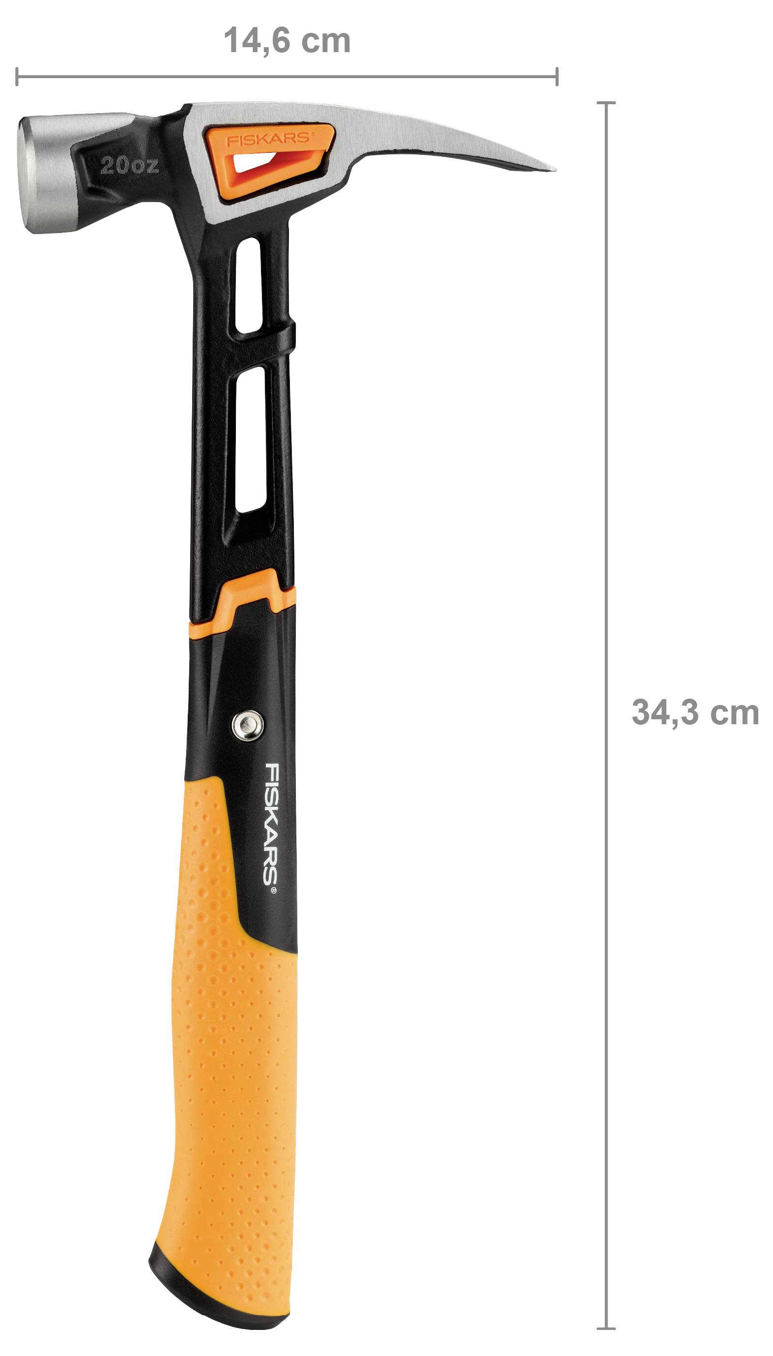Fiskars Klauenhammer mit schwarzem und orangefarbenem Griff, gezeigt mit Abmessungen von 34,3 cm Höhe und 14,6 cm Breite.