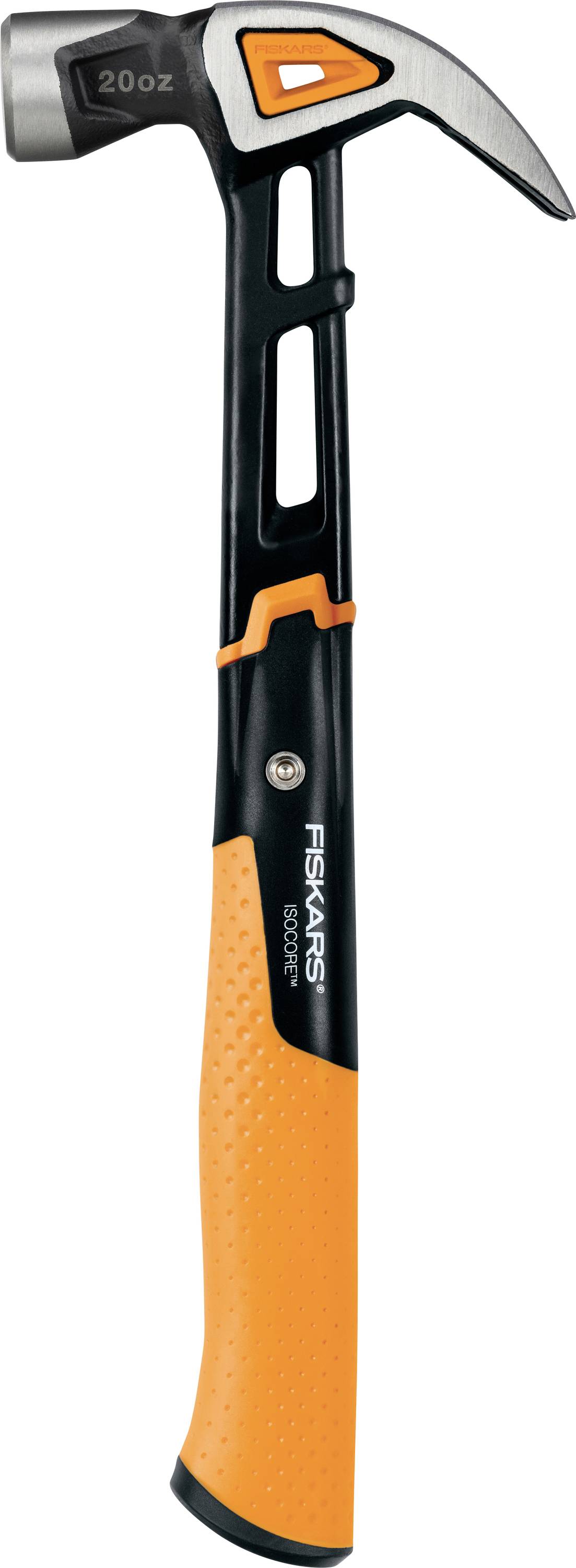 Ein Fiskars Klauhammer mit grauem Stahlkopf, orange-schwarzem Griff und Aufhängeloch in der Griffschale.