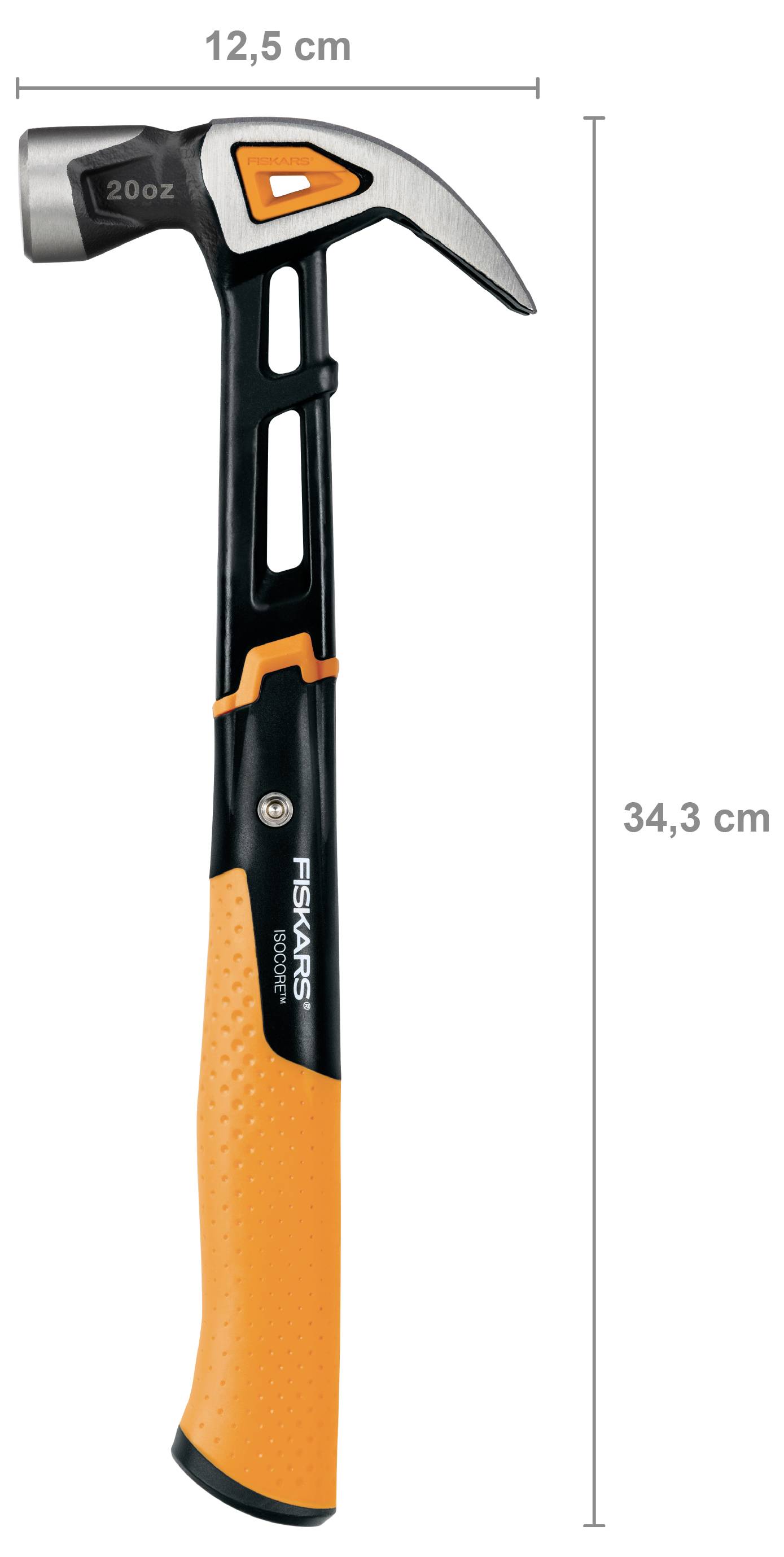 Ein Fiskars Hammer mit 20 oz, dargestellt mit beschrifteten Abmessungen von 12,5 cm Breite und 34,3 cm Höhe.