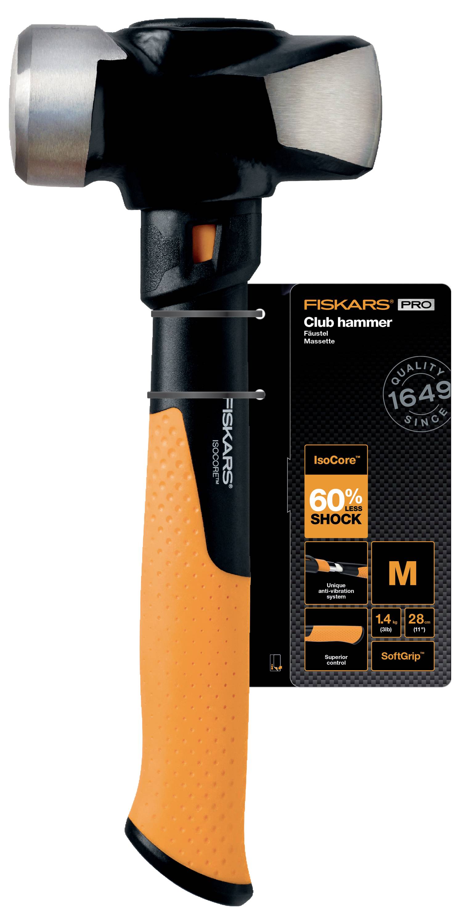 Ein schwarzer und orangefarbener Fiskars Pro Club Hammer mit der Aufschrift „60% Schockabsorption