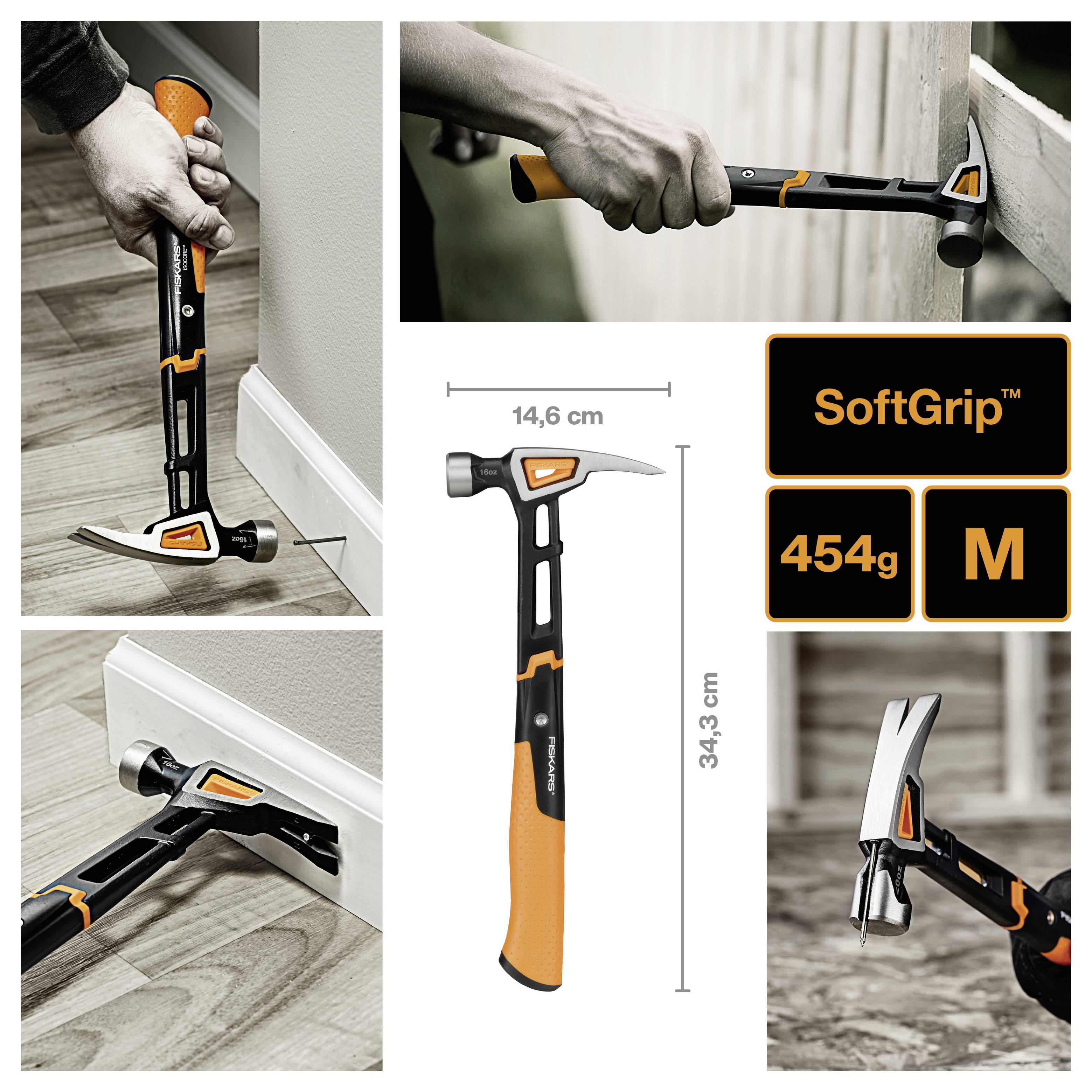 Collage mit einem schwarzen und orangefarbenen Hammer mit Klaue und SoftGrip-Griff, der auf Holz verwendet wird, mit Produktspezifikationen 454g, Größe M, 14,6 cm und 34,3 cm.