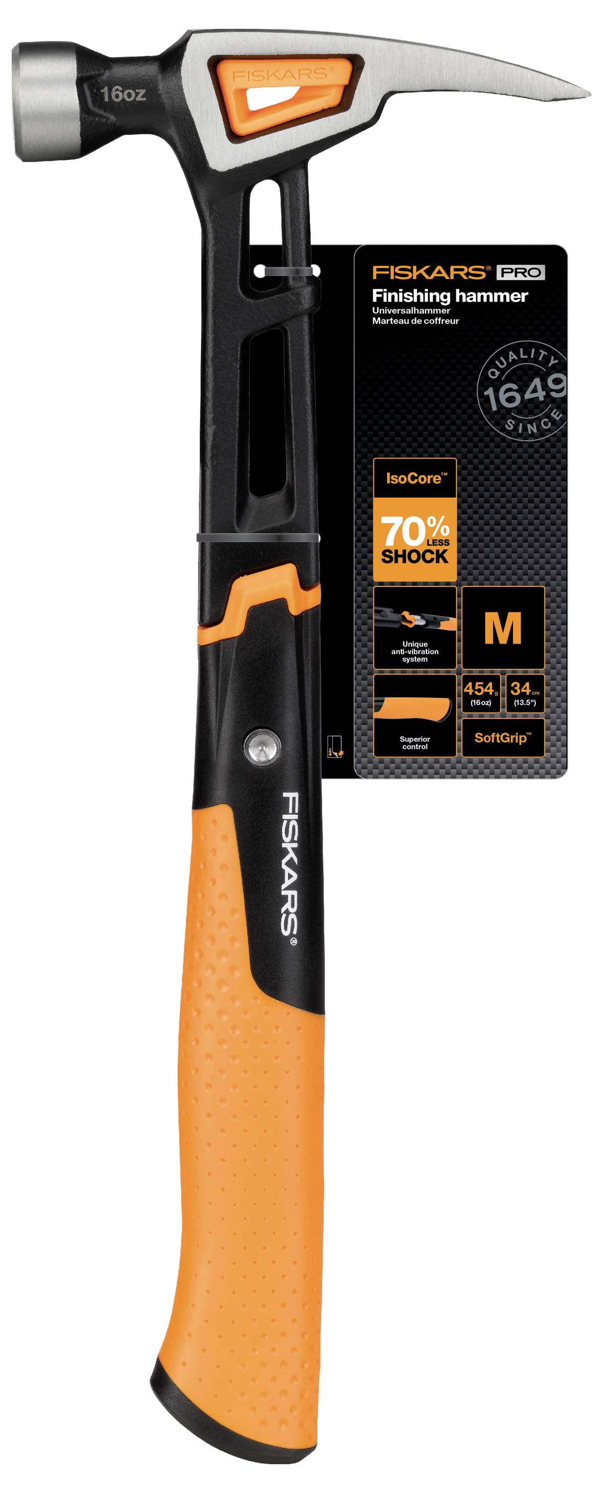 Fiskars Pro-Finishing-Hammer mit orange-schwarzem Griff, beschriftet mit „70% Schockabsorption