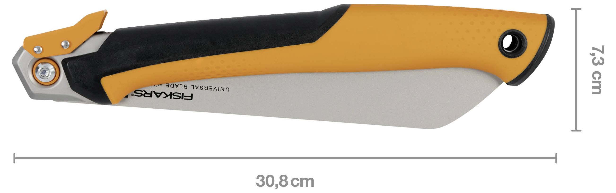 Orange-schwarzes Fiskars-Küchenmesser in Profilansicht mit beschrifteten Maßen von 30,8 cm Länge und 7,3 cm Höhe.