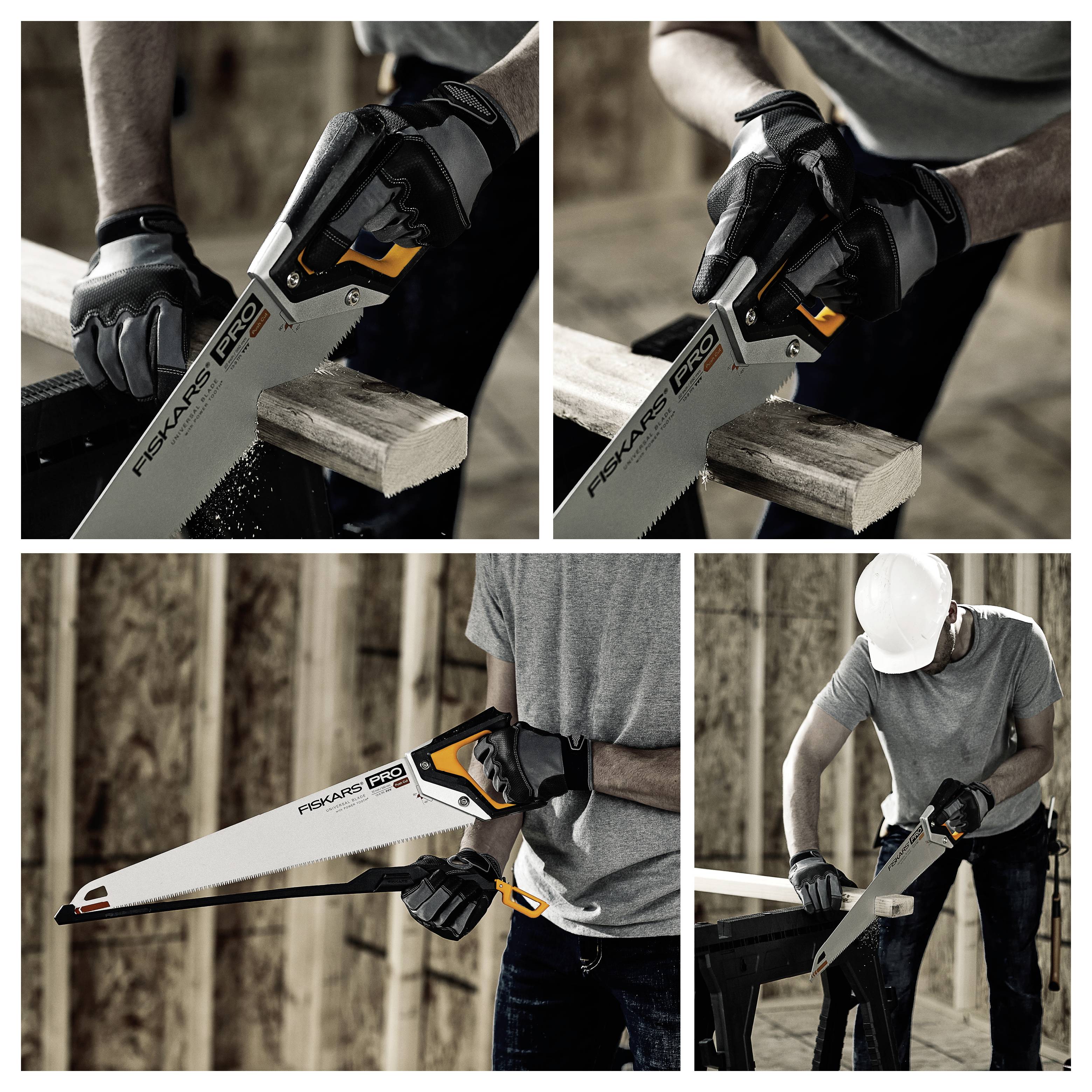 Collage eines Arbeiters mit Handschuhen und Schutzhelm, der mit einer Handsäge Holz in einer Bau- oder Holzbearbeitungsumgebung schneidet.