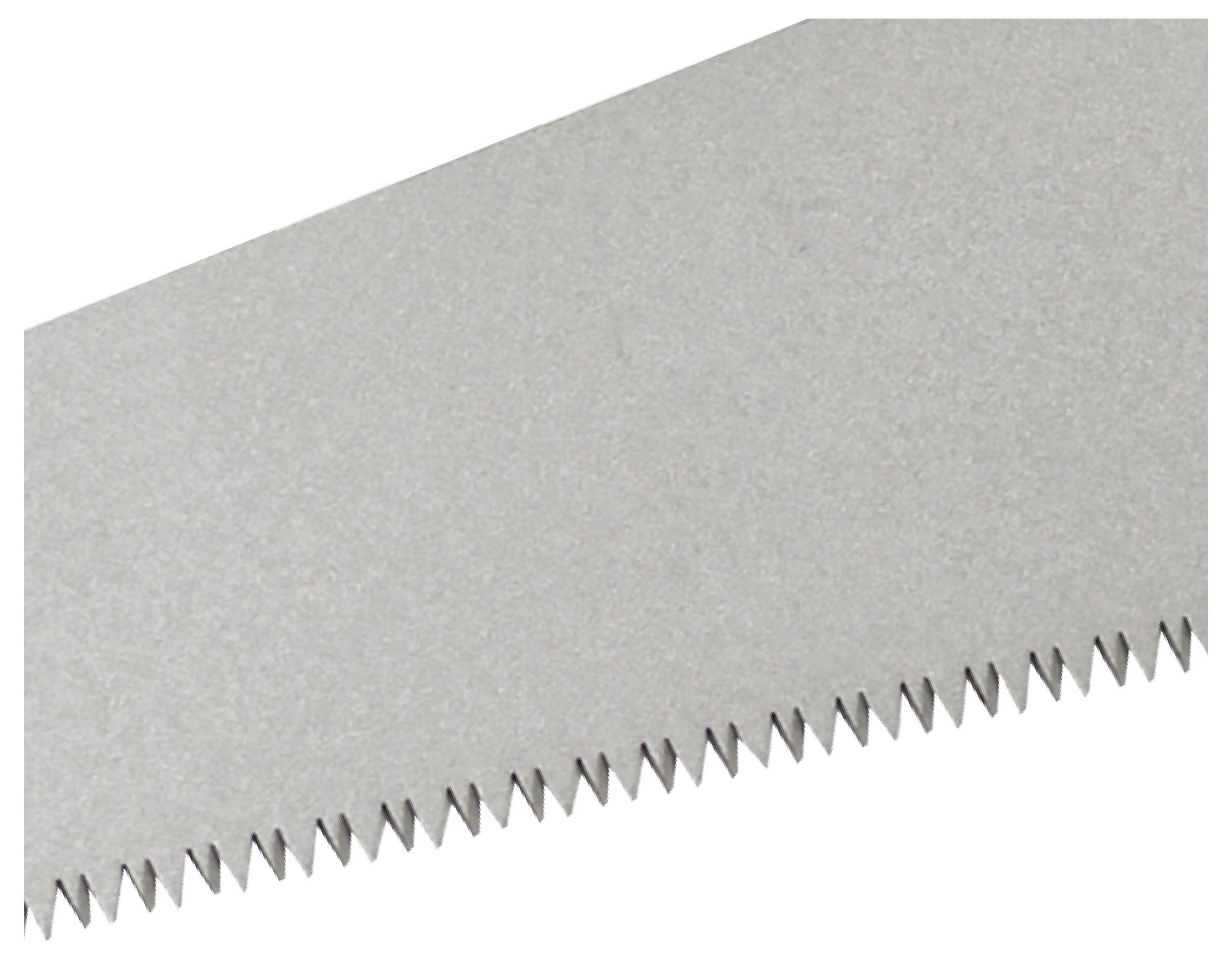 Nahaufnahme einer Metallsägeblatt mit feinen dreieckigen Zähnen entlang der unteren Kante.