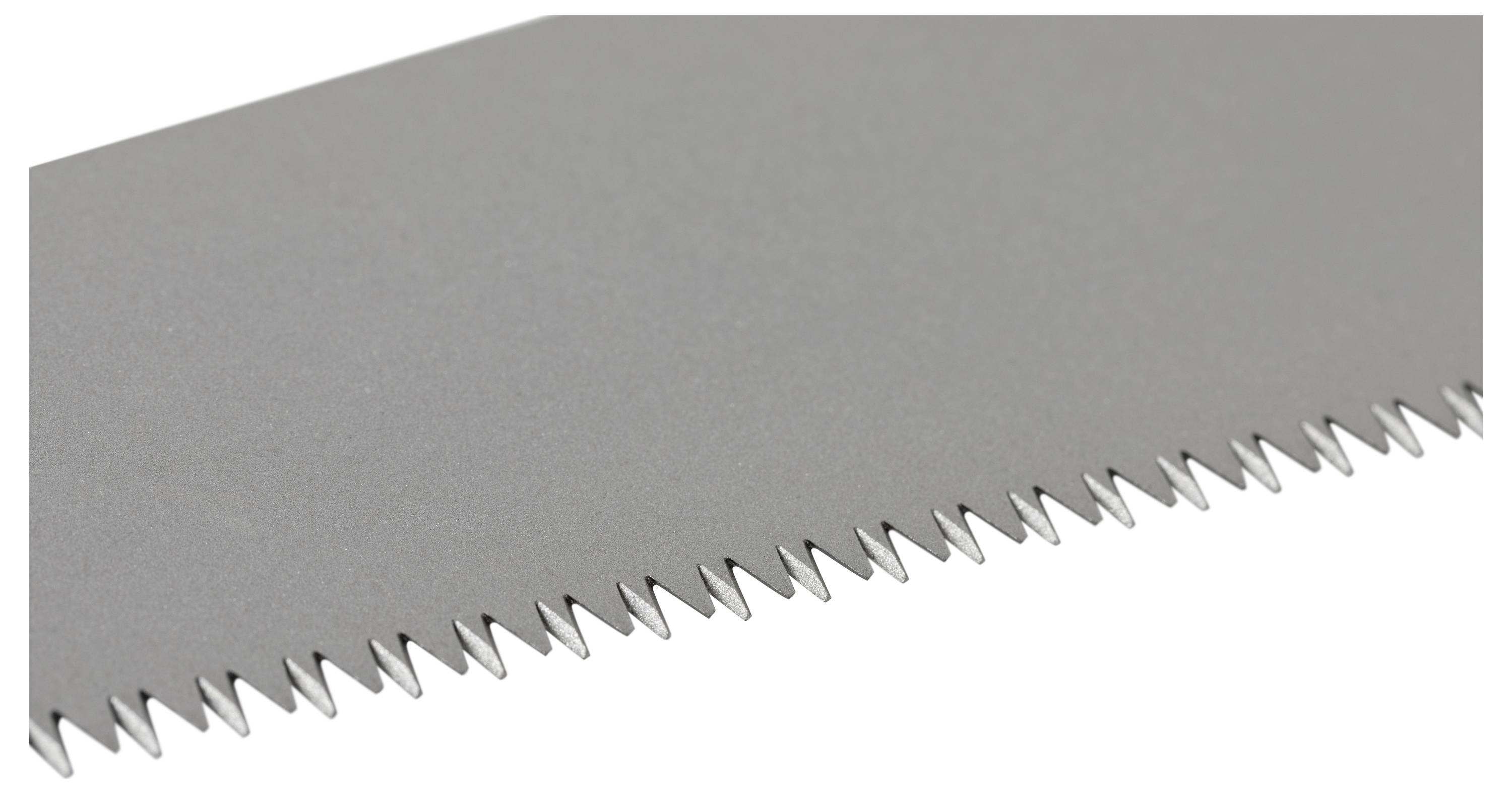 Nahaufnahme einer Metallhandsägeblatt mit scharfen Zähnen entlang der unteren Kante