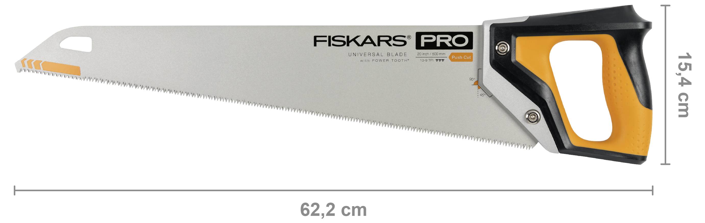 Fiskars Pro Handsäge in Seitenansicht, mit beschrifteten Abmessungen von 62,2 cm Länge und 15,4 cm Höhe.