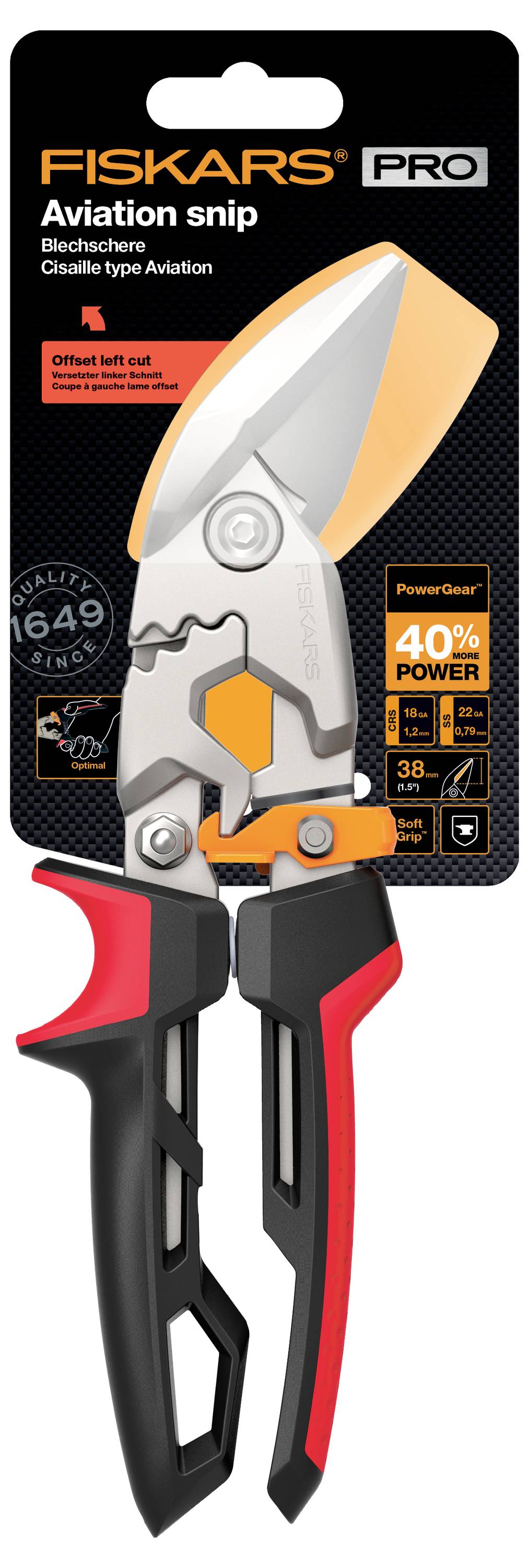 Paketabbildung der Fiskars Pro Aviation-Schere mit Text, das „Linksschnitt