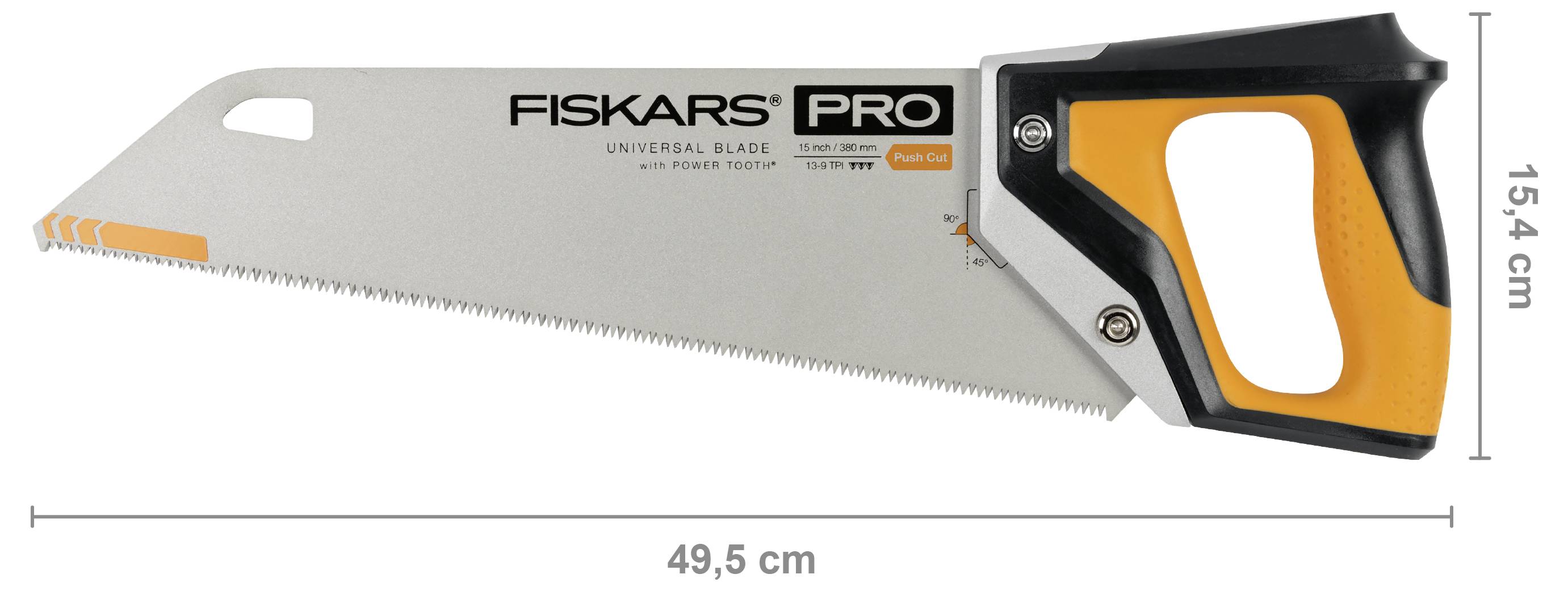 Fiskars Pro universelle Handsaw mit Universalklinge, Seitenansicht gezeigt, mit einer Länge von 49,5 cm und einer Höhe von 15,4 cm gekennzeichnet.