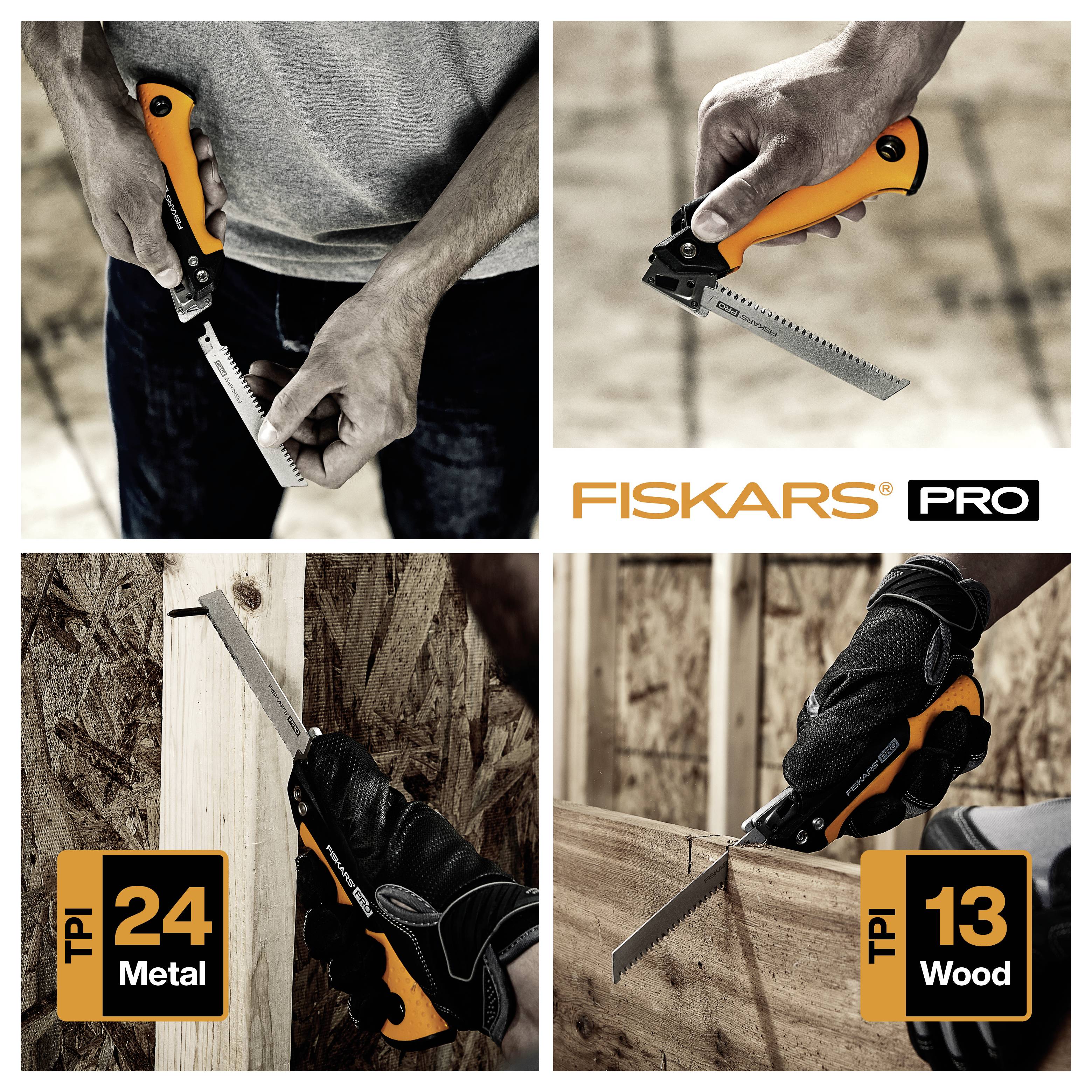 Collage zeigt Fiskars Pro Klappsäge bei der Verwendung auf Metall und Holz; Beschriftungen lesen 