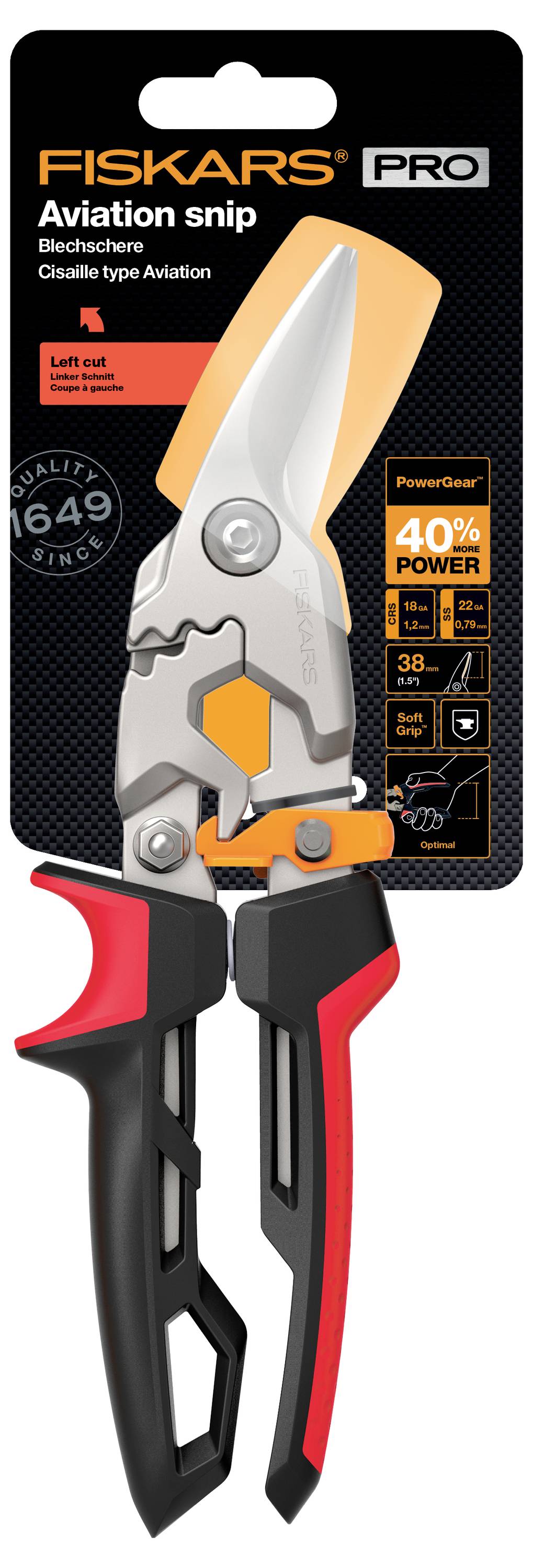 Packung von Fiskars Pro Aviation Snip, die eine schwarze und orange Linkschneid-Blechschere mit „40% POWER