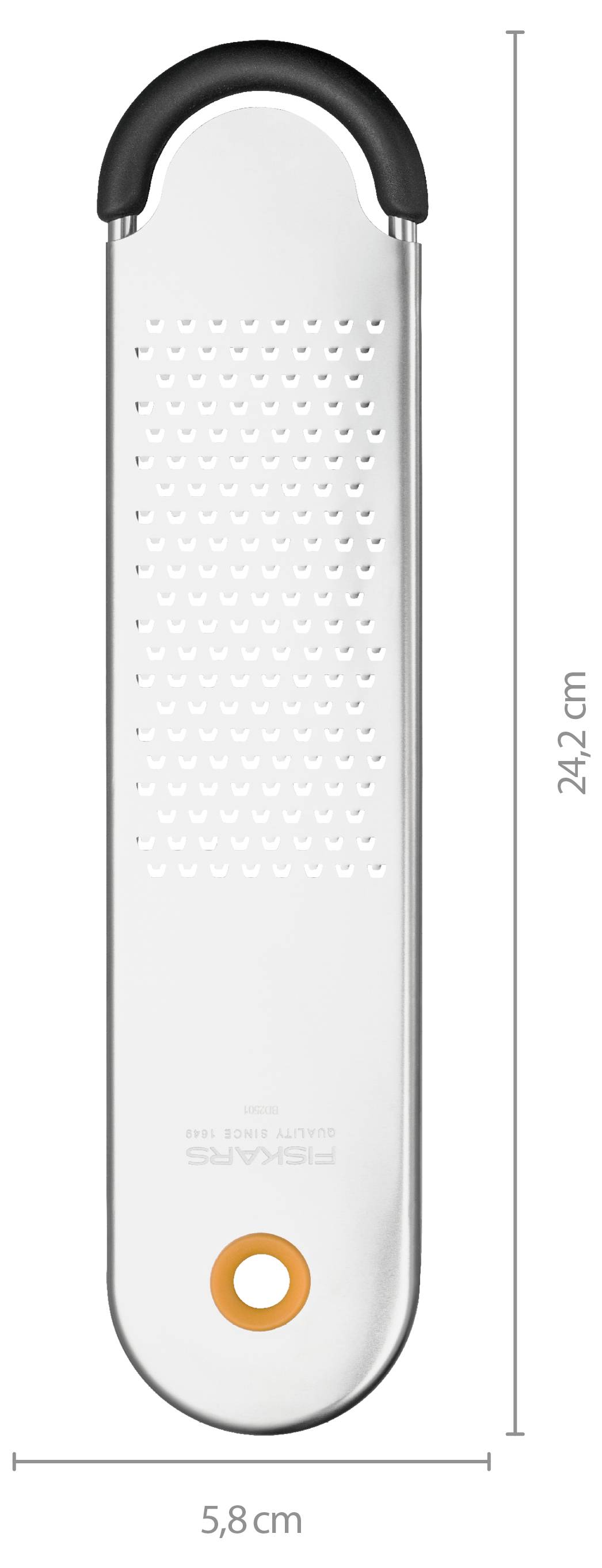 Langes weißes tragbares Gerät mit schwarzem U-förmigem Griffaufsatz und orangefarbigem kreisförmigem Knopf, gezeigt mit Abmessungen von 24,2 cm Höhe und 5,8 cm Breite.